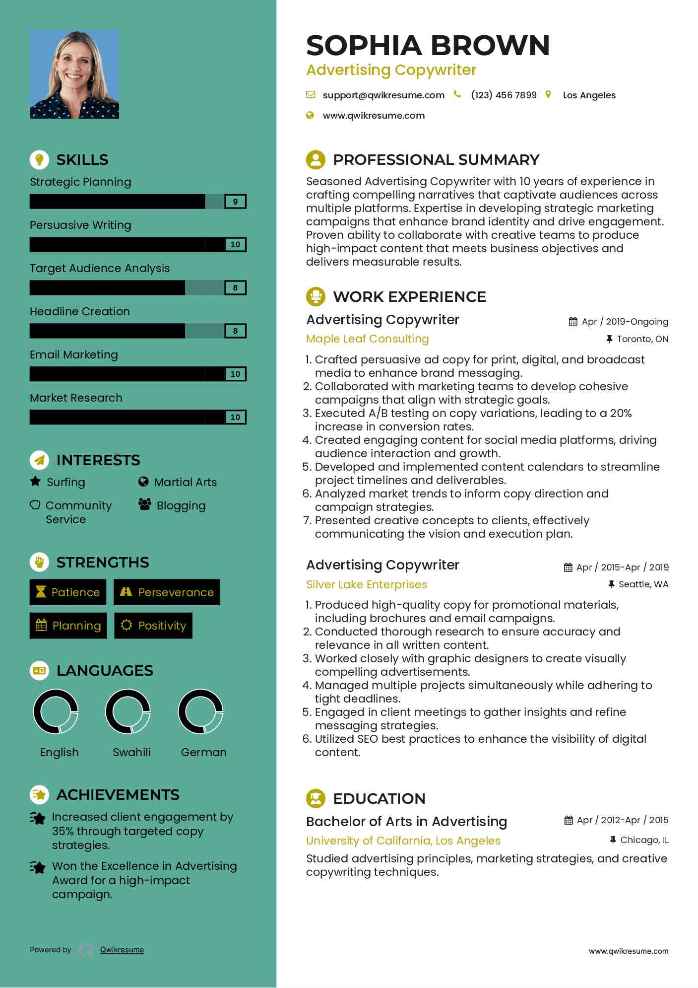 Advertising Copywriter Resume Model