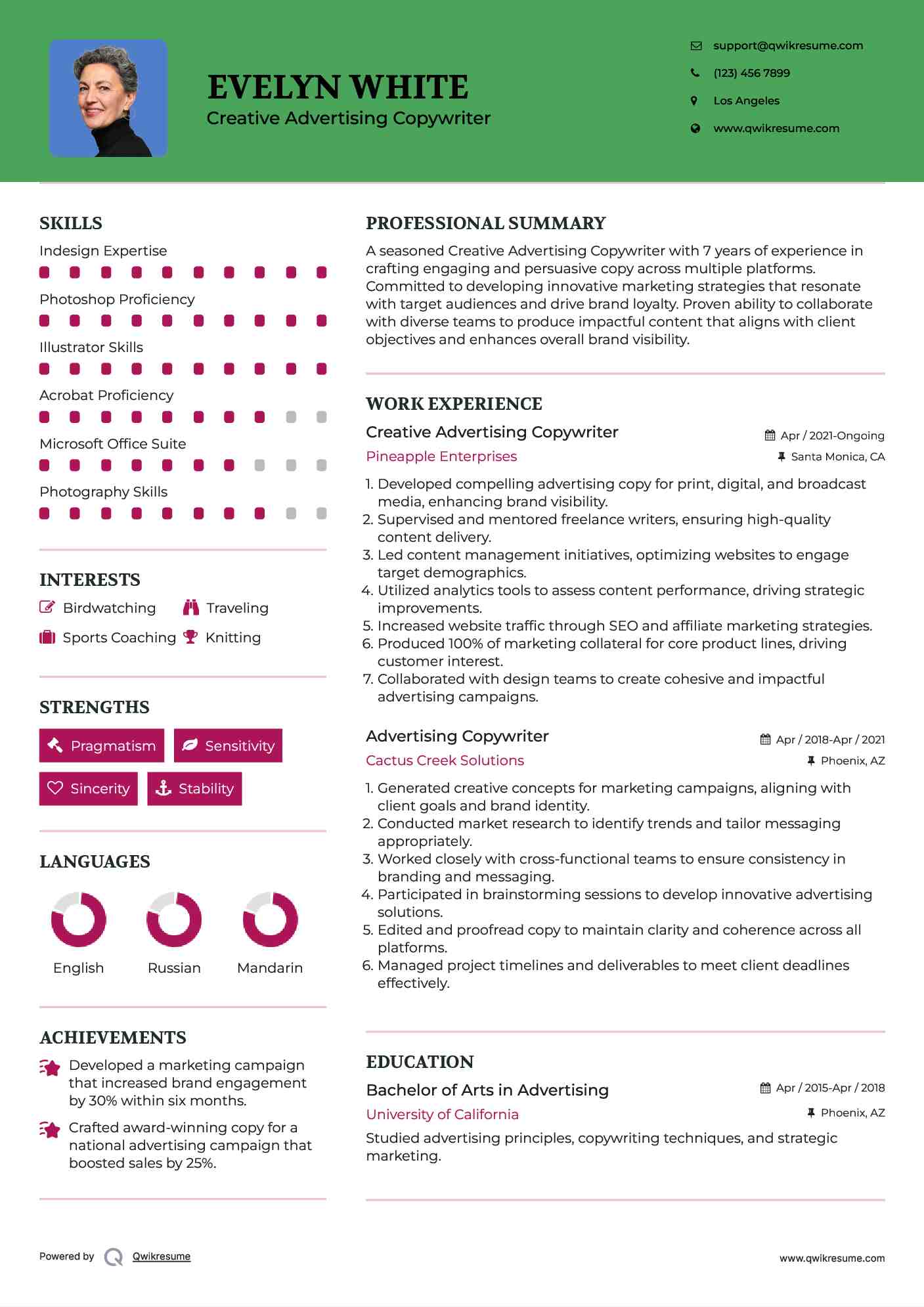 Creative Advertising Copywriter Resume Sample