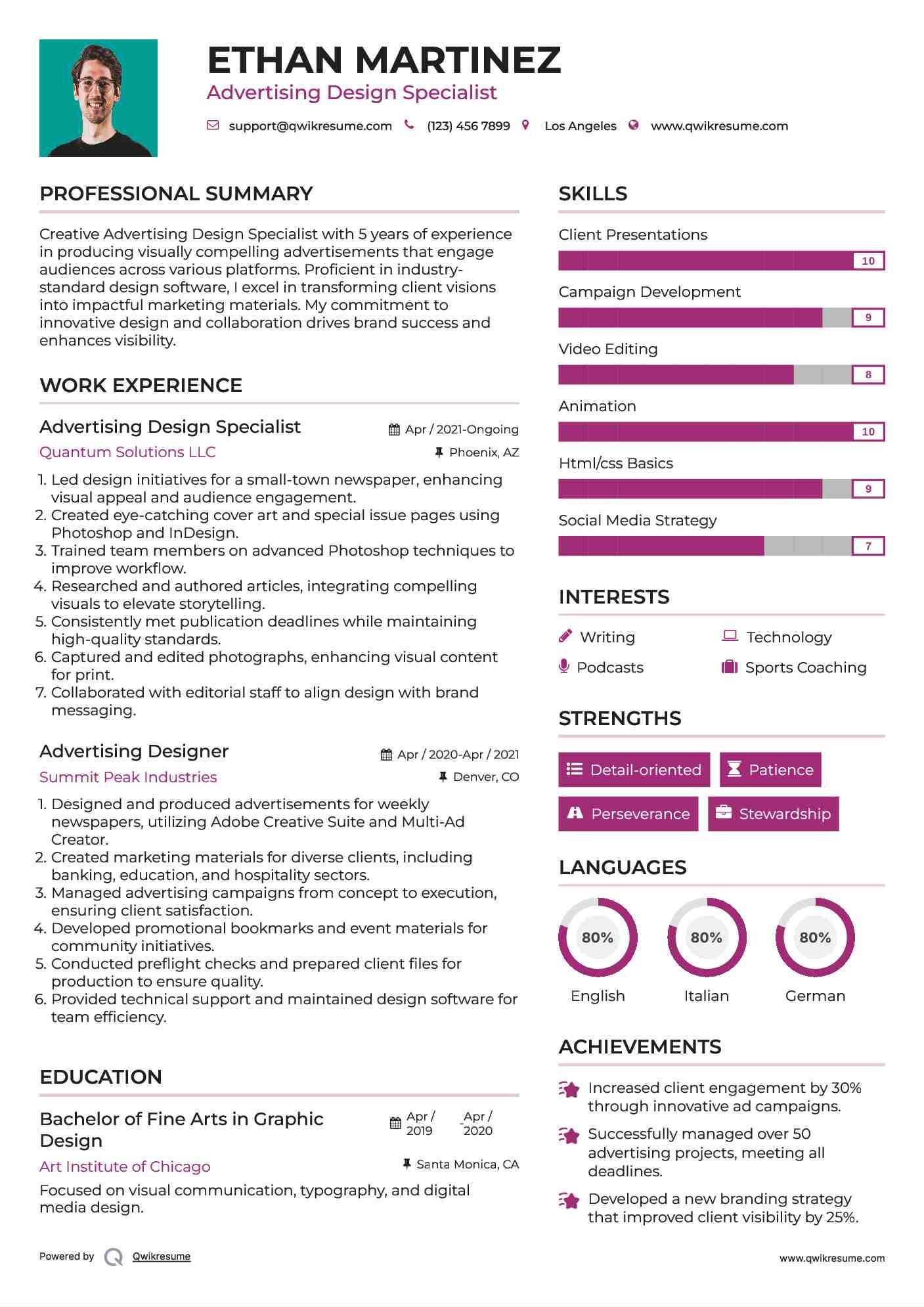 Advertising Design Specialist Resume Sample