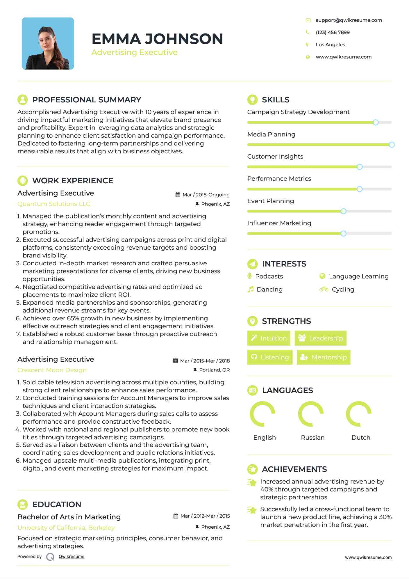 Advertising Executive Resume Sample