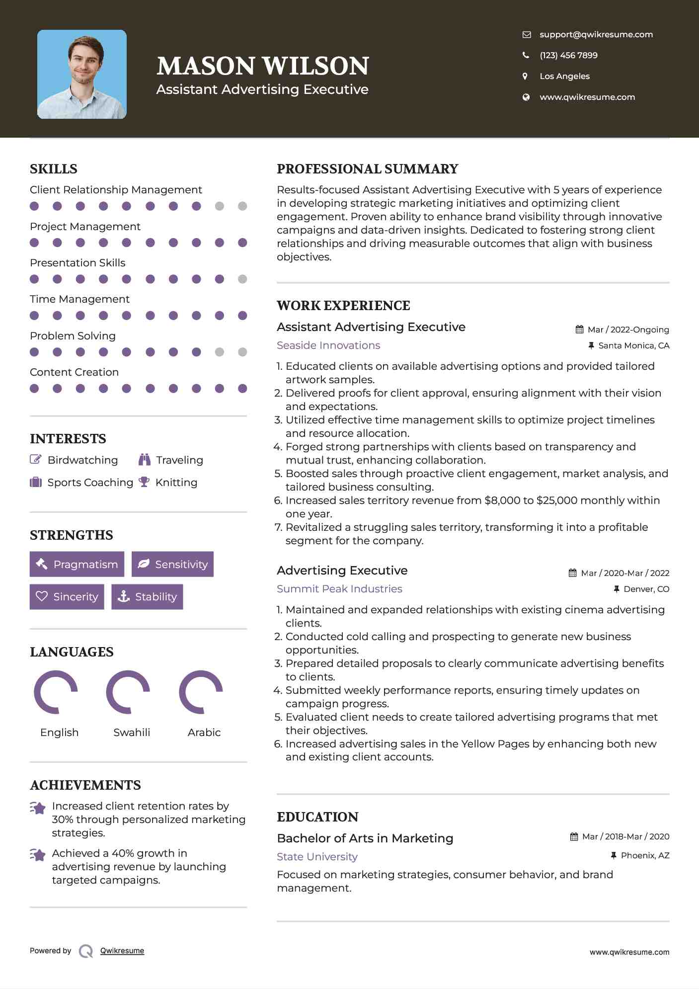 Assistant Advertising Executive Resume Example