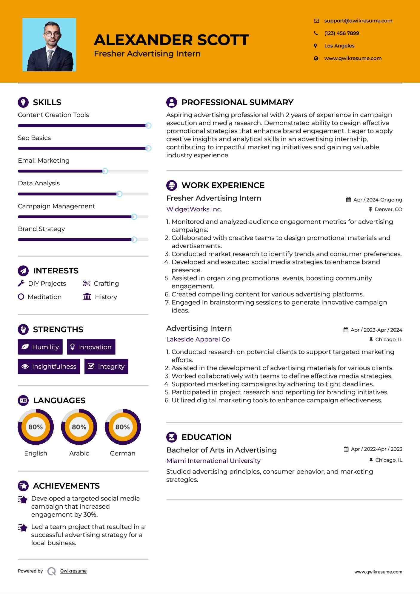 Fresher Advertising Intern Resume Sample