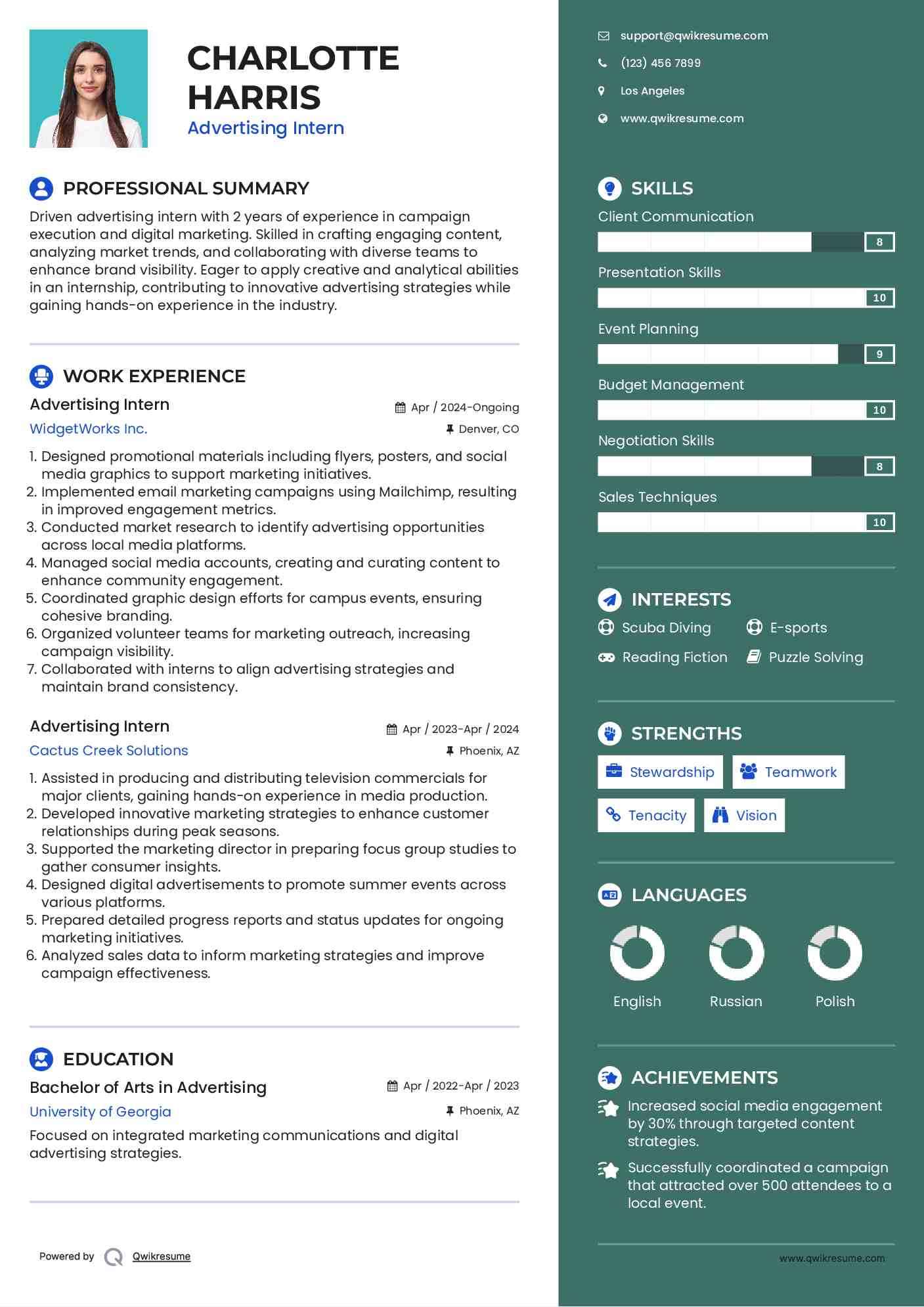 Advertising Intern Resume Example