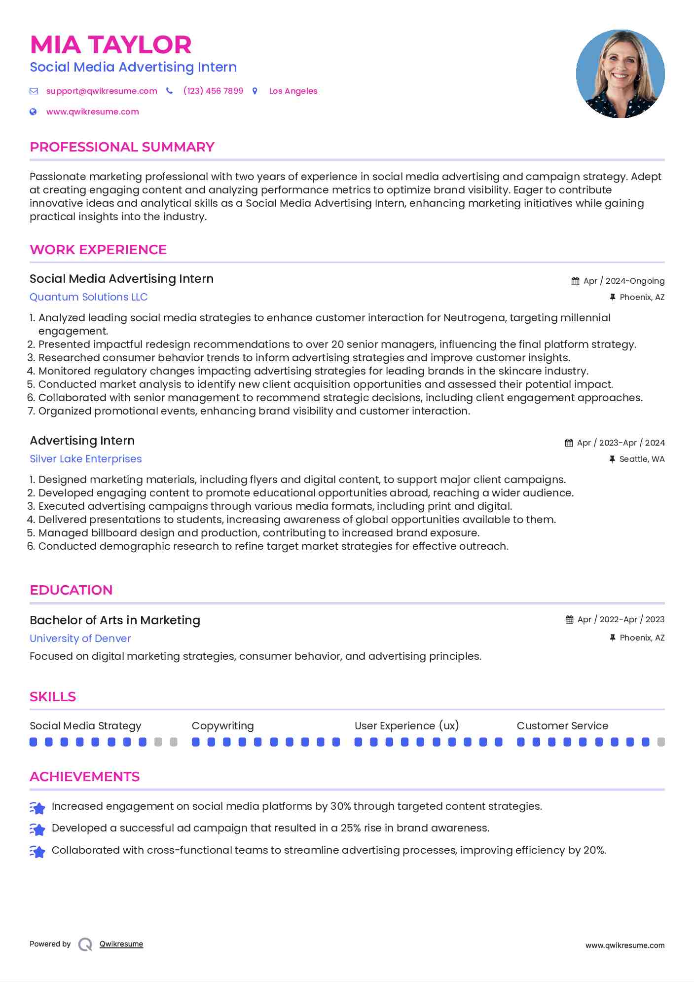 Social Media Advertising Intern Resume Template