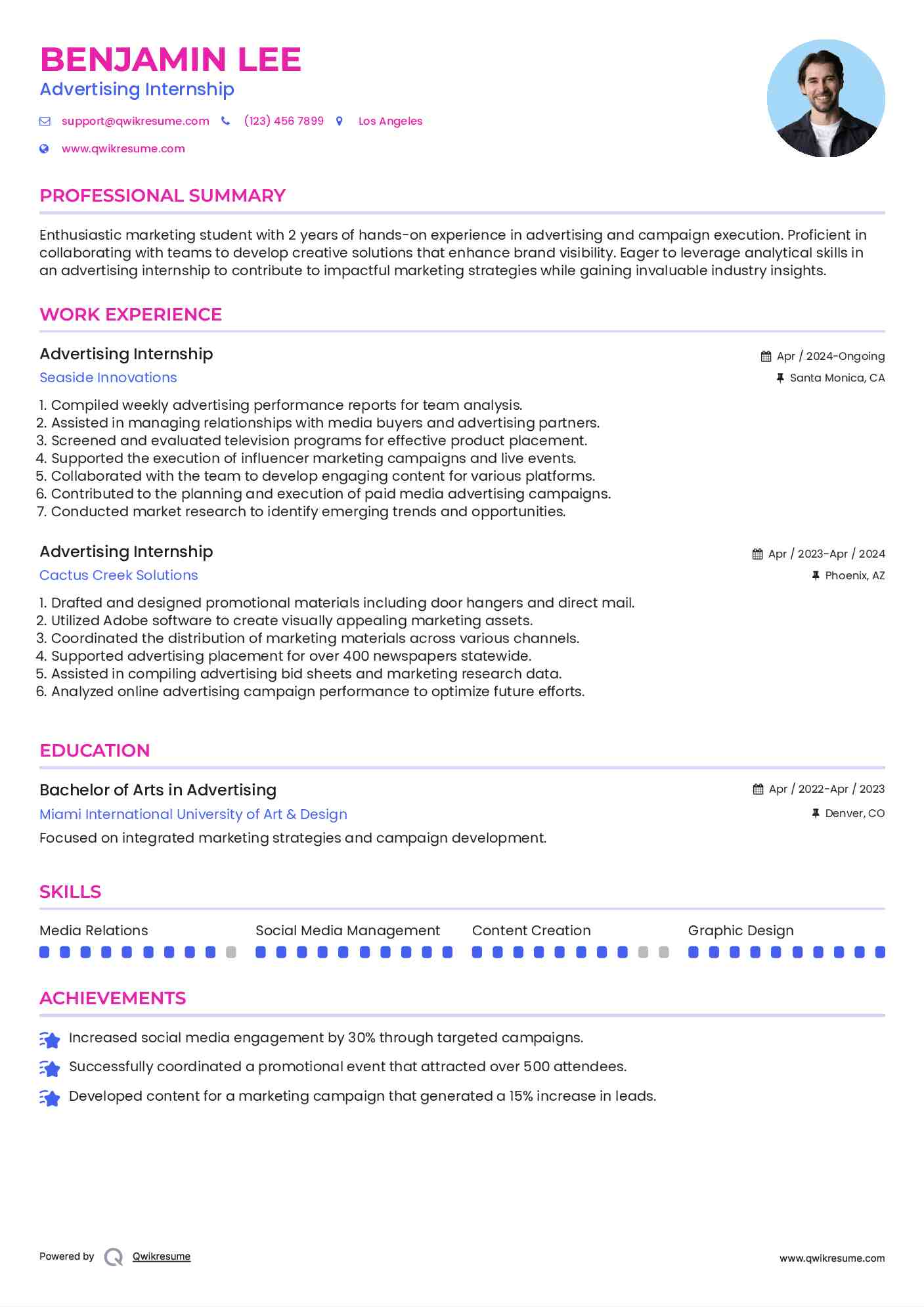 Advertising Internship Resume Sample