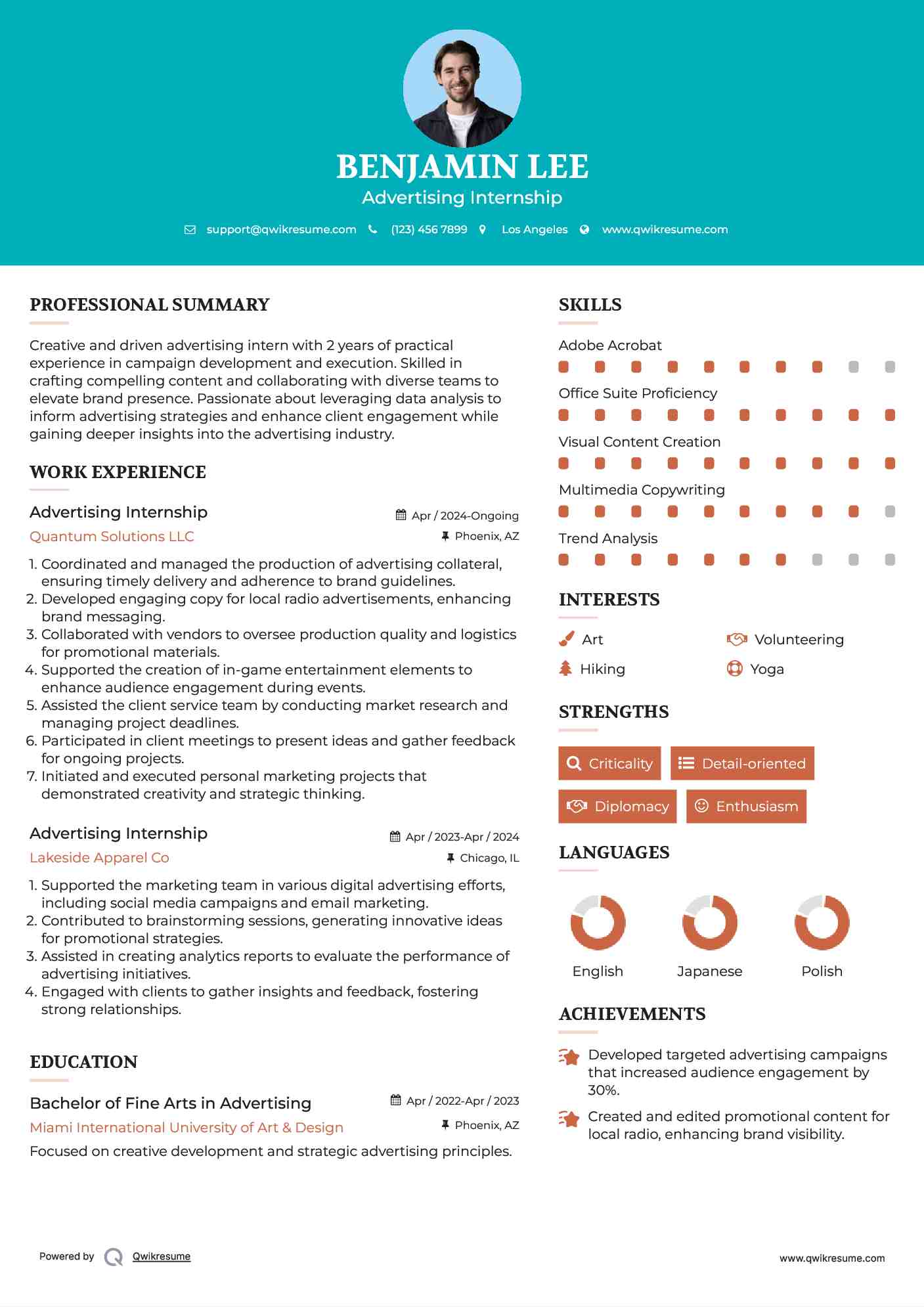 Advertising Internship Resume Template