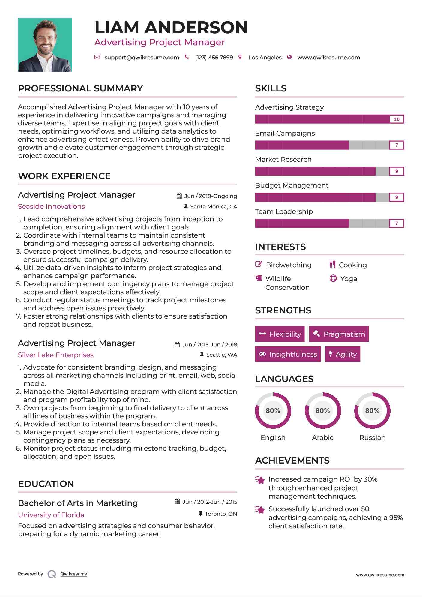 Advertising Project Manager Resume Example