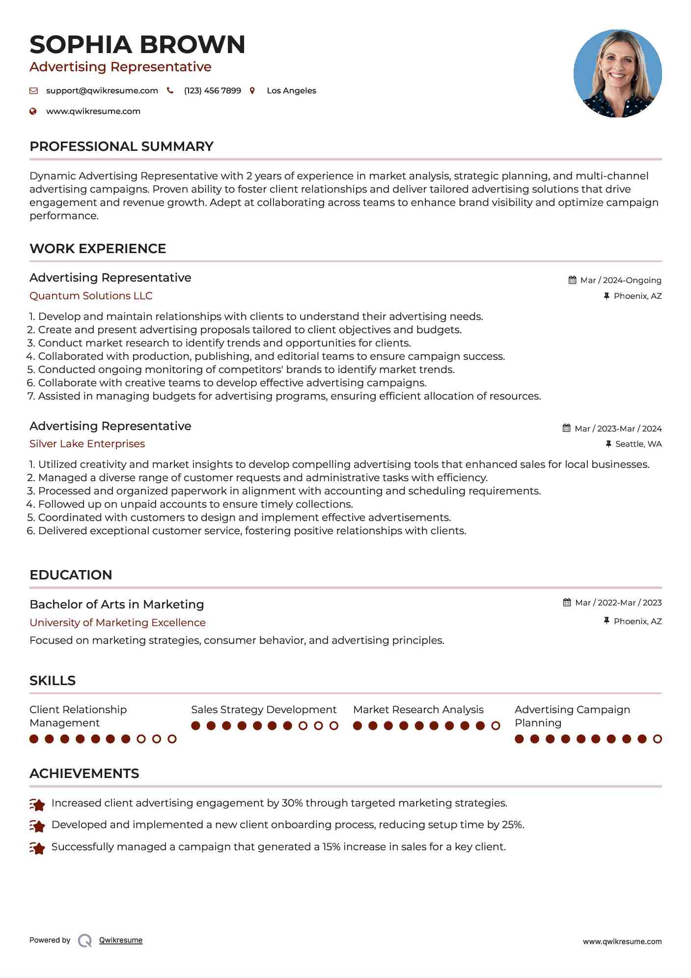 Advertising Representative Resume Example
