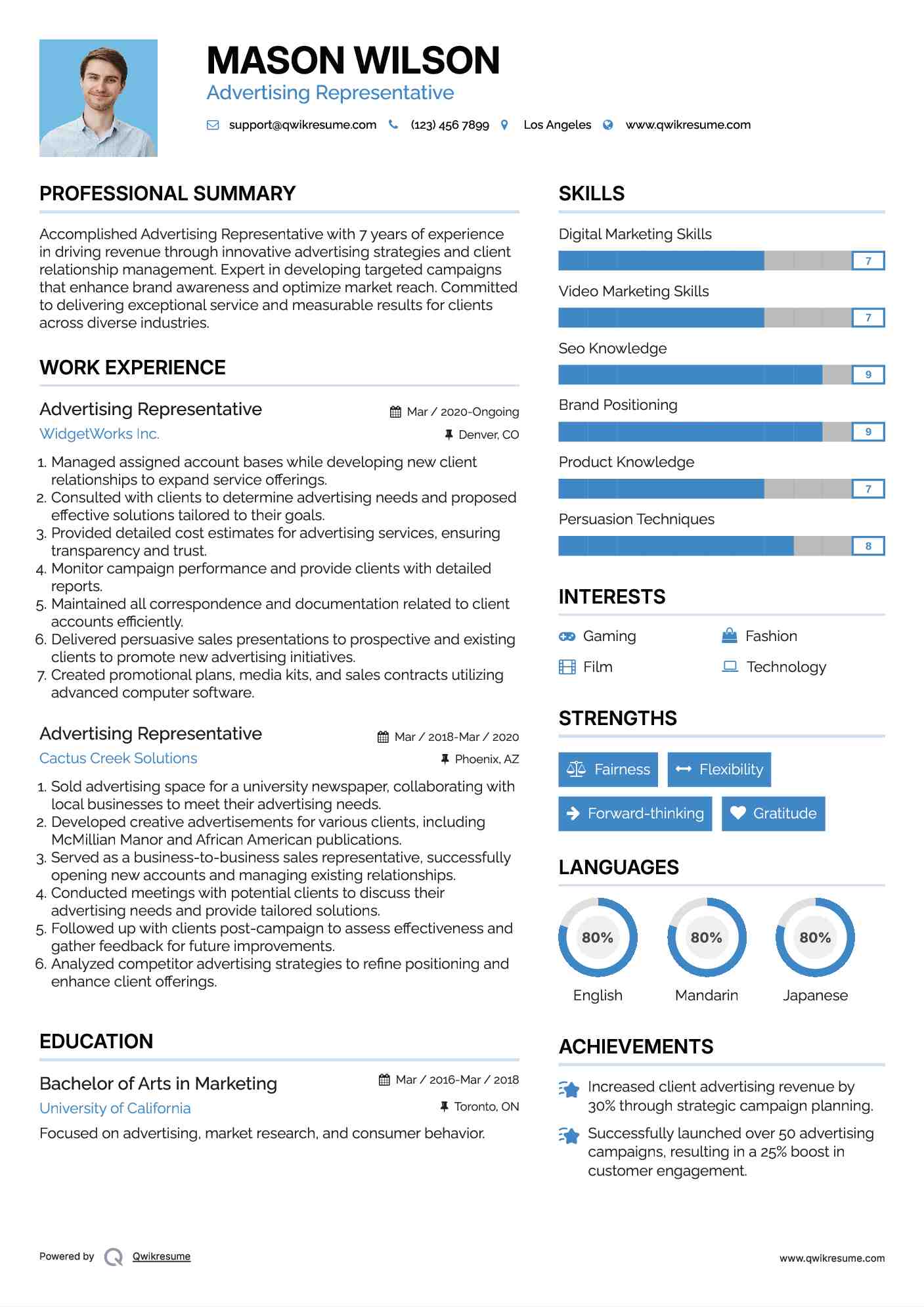 Advertising Representative Resume Example