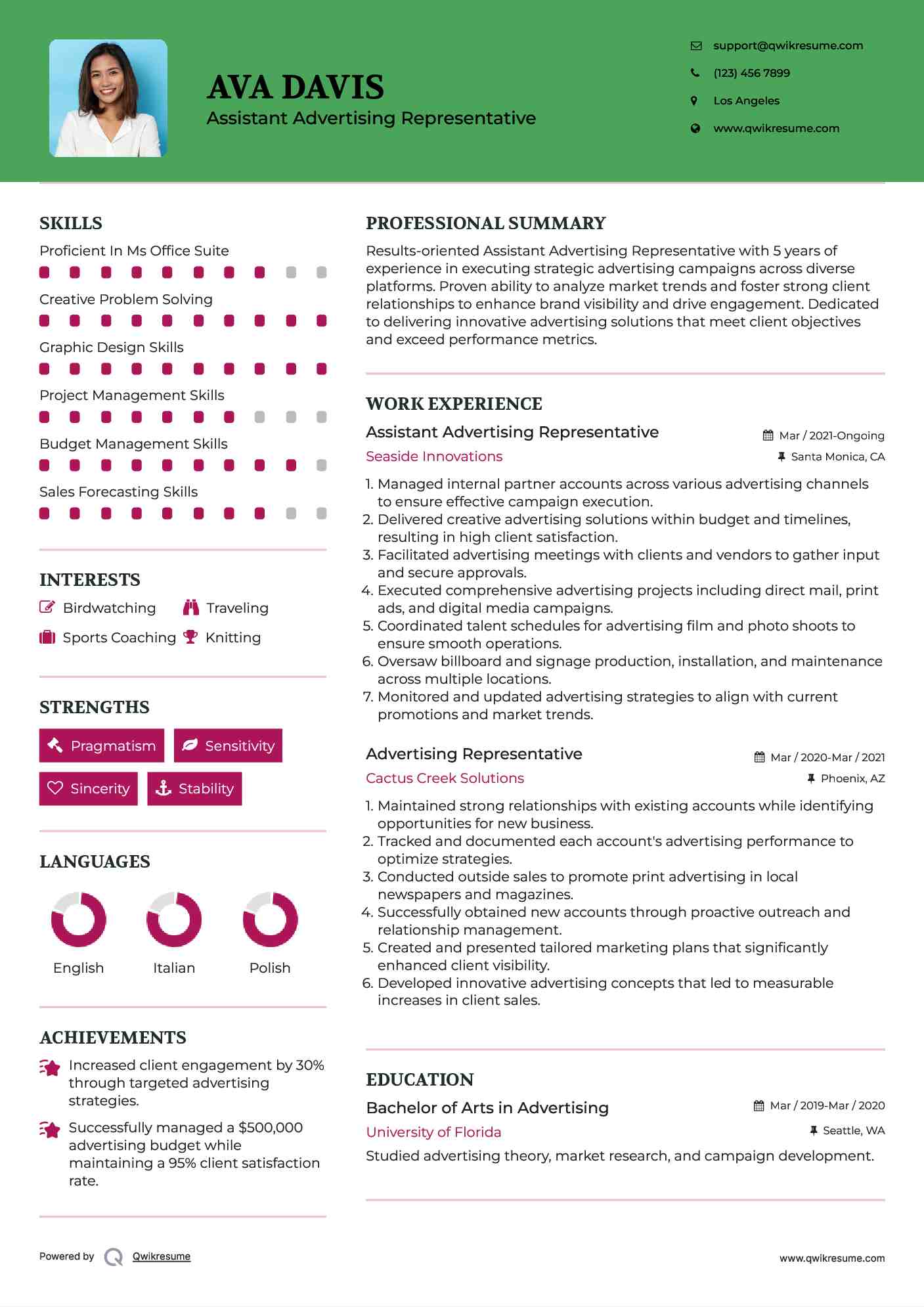 Assistant Advertising Representative  Resume Sample