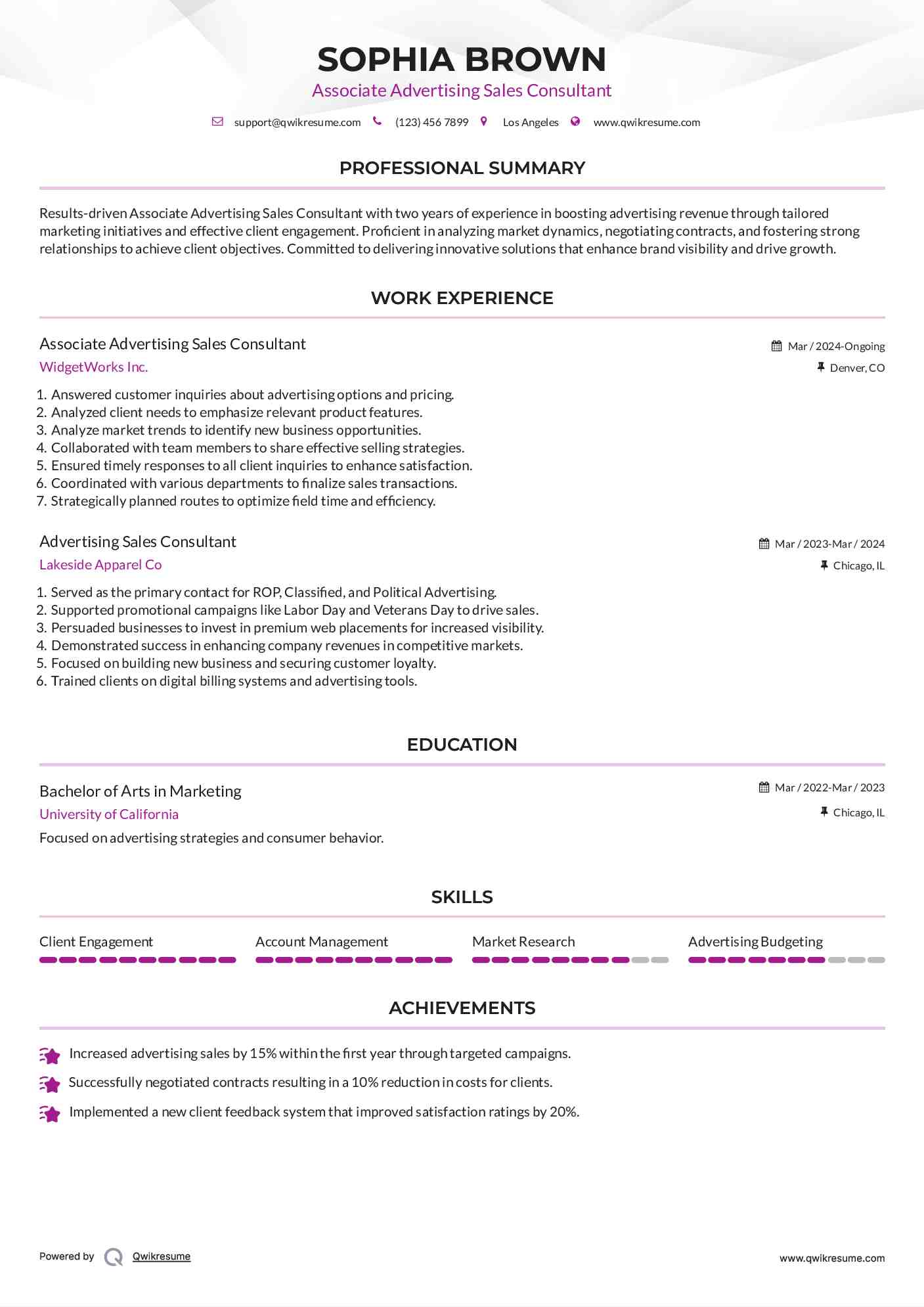 Associate Advertising Sales Consultant Resume Model