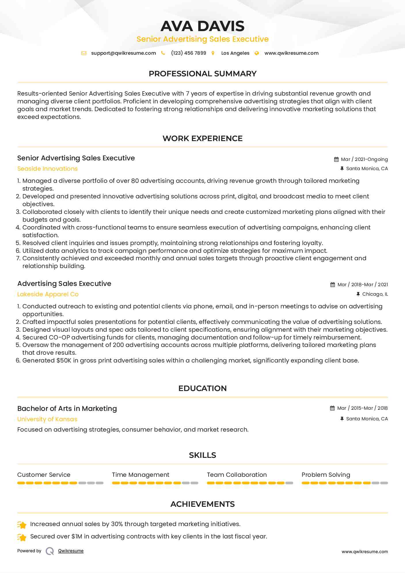 Senior Advertising Sales Executive  Resume Sample
