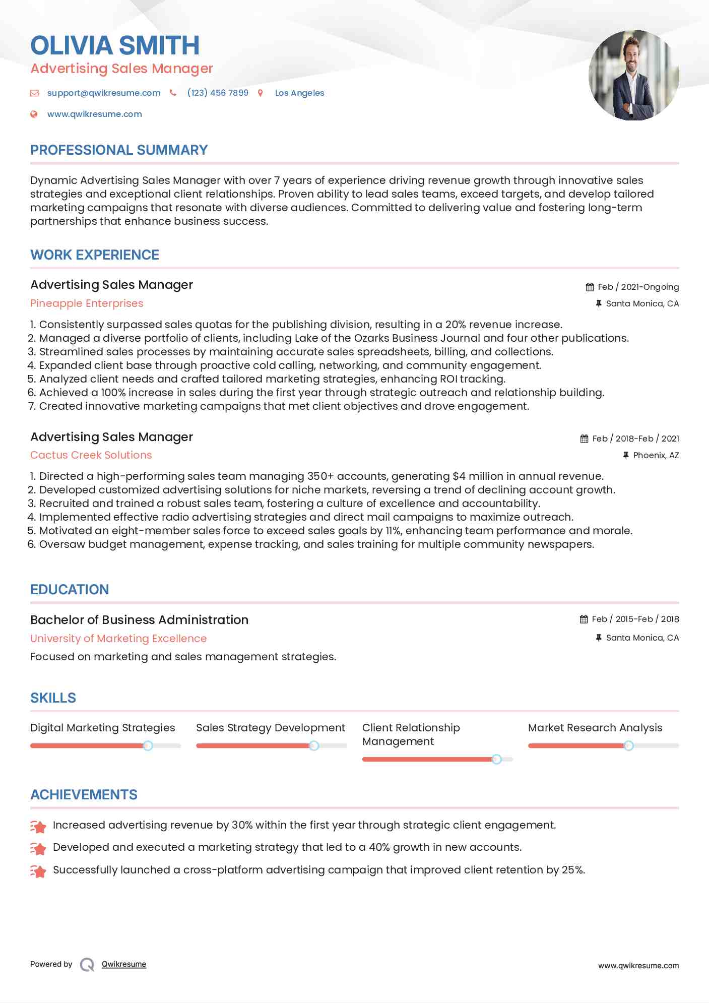 Advertising Sales Manager Resume Format