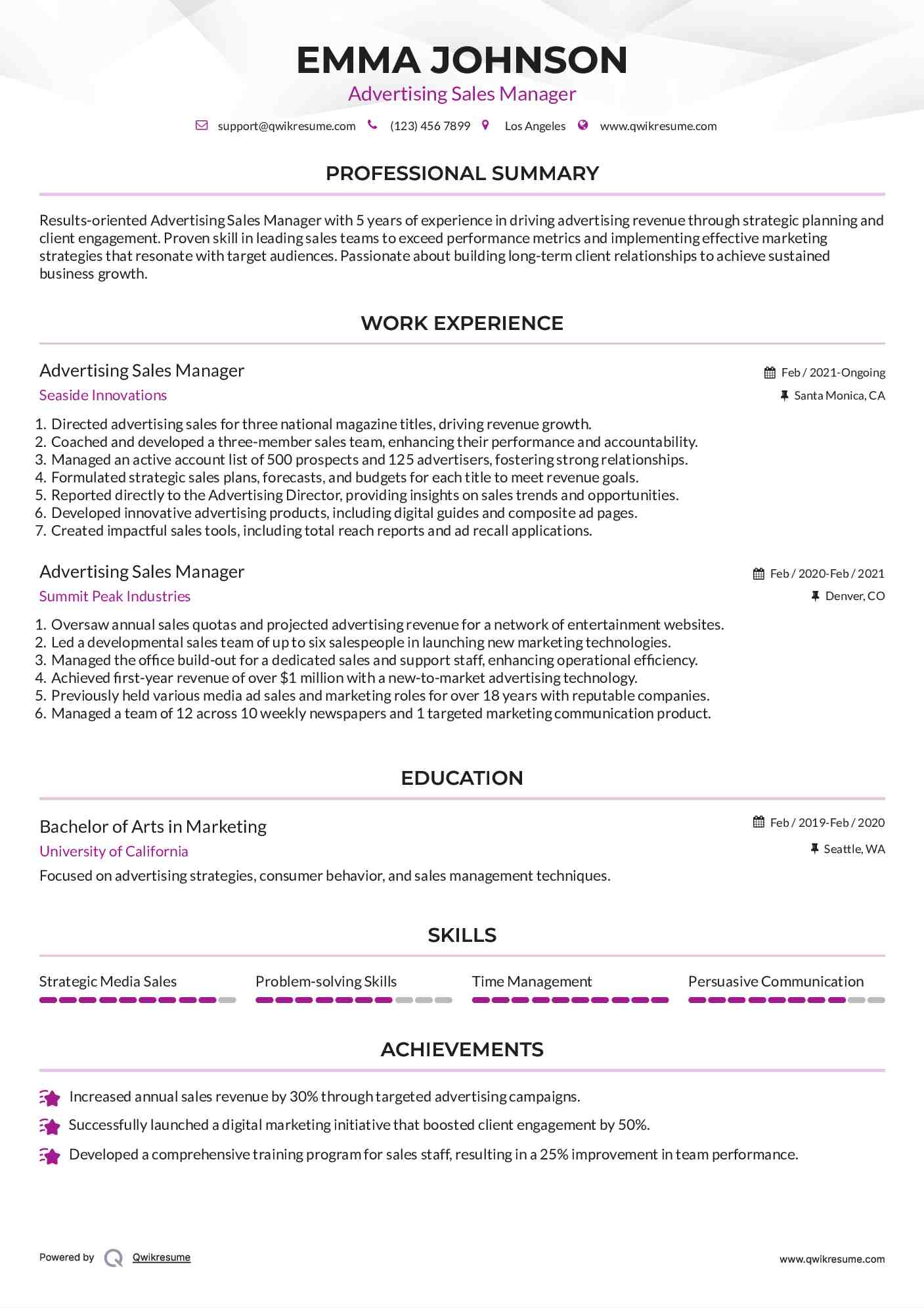 Advertising Sales Manager Resume Template