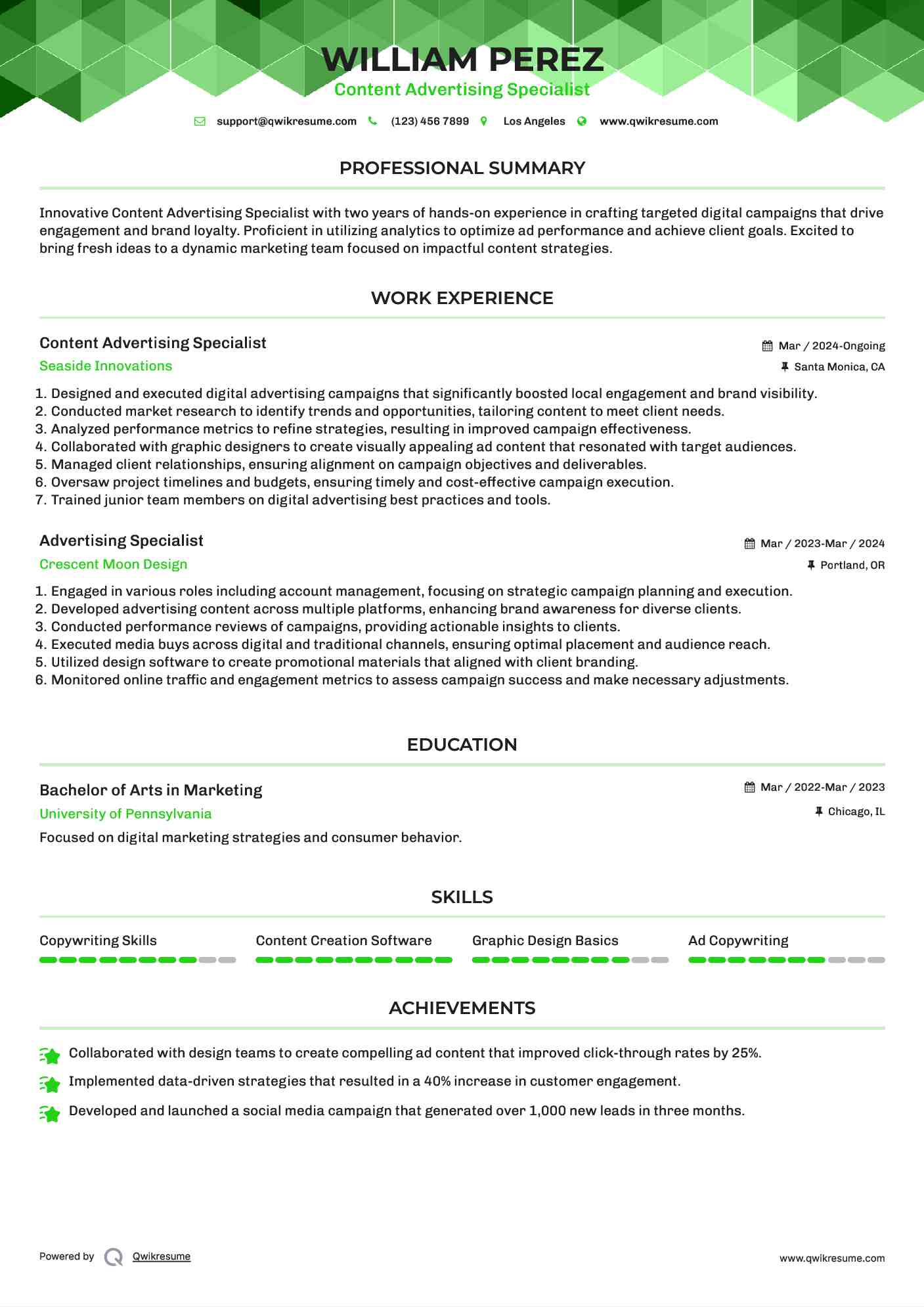 Content Advertising Specialist Resume Model