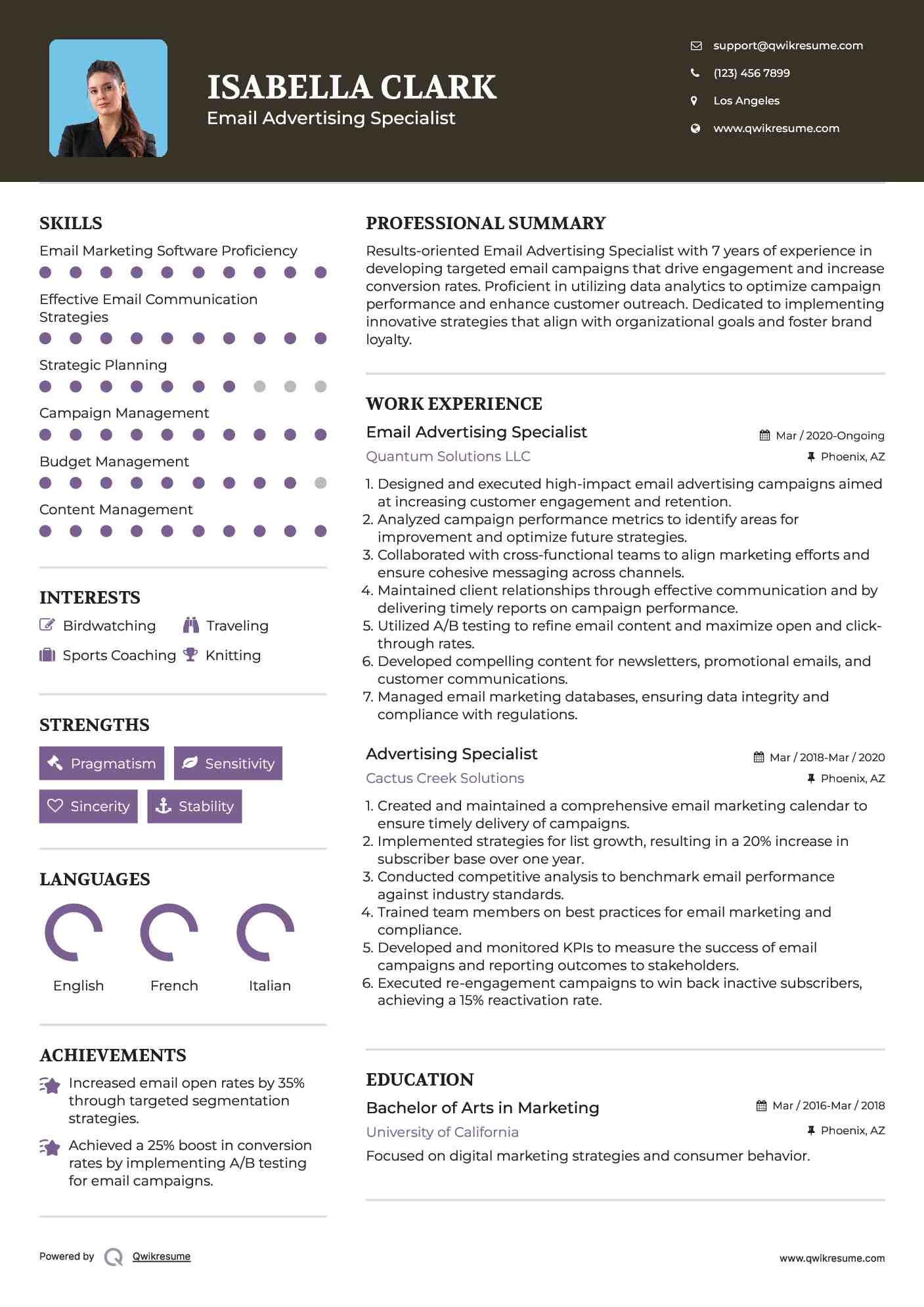 Email Advertising Specialist Resume Sample