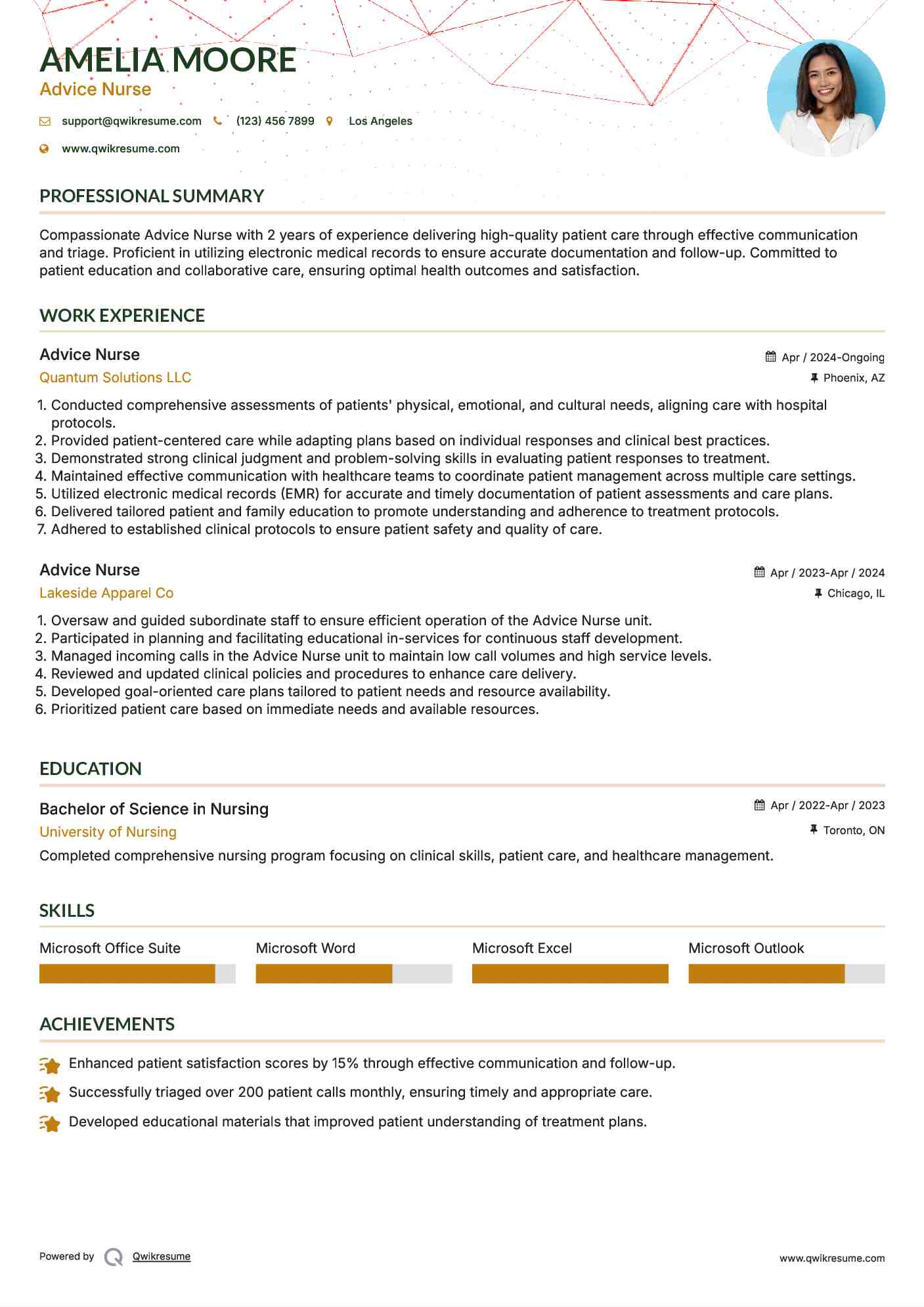 Advice Nurse Resume Sample
