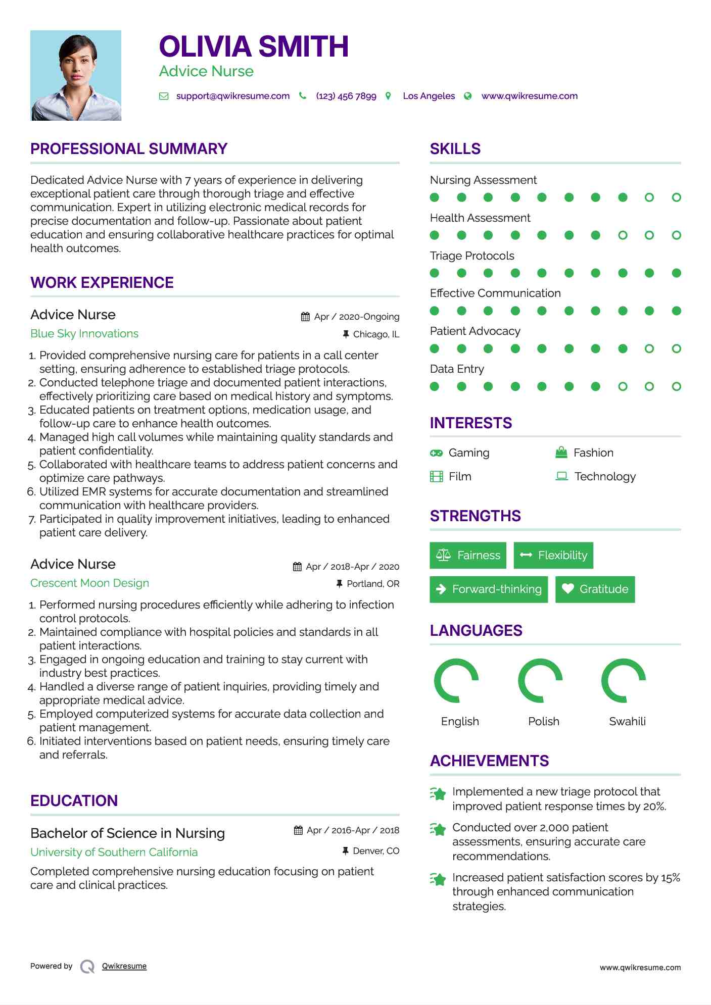 Advice Nurse Resume Example