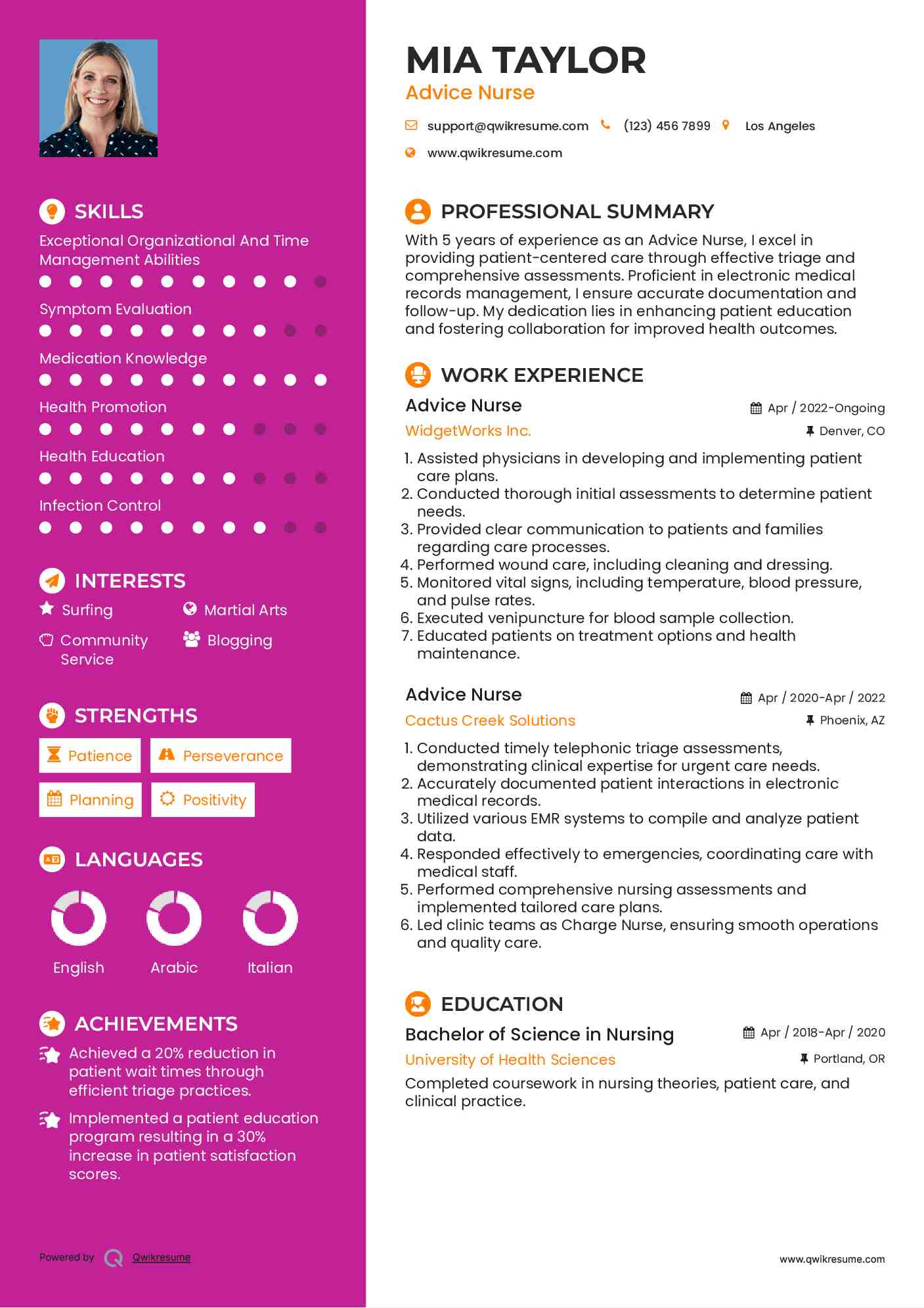 Advice Nurse Resume Example