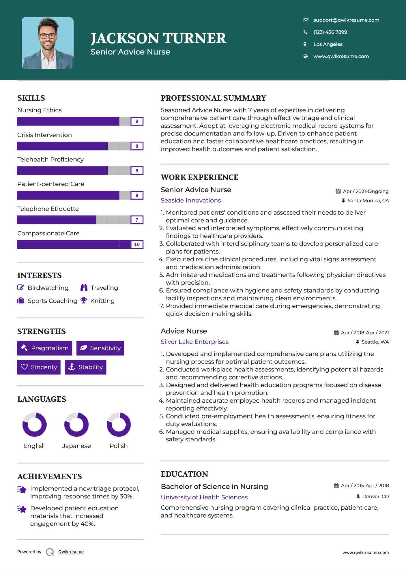 Senior Advice Nurse Resume Example