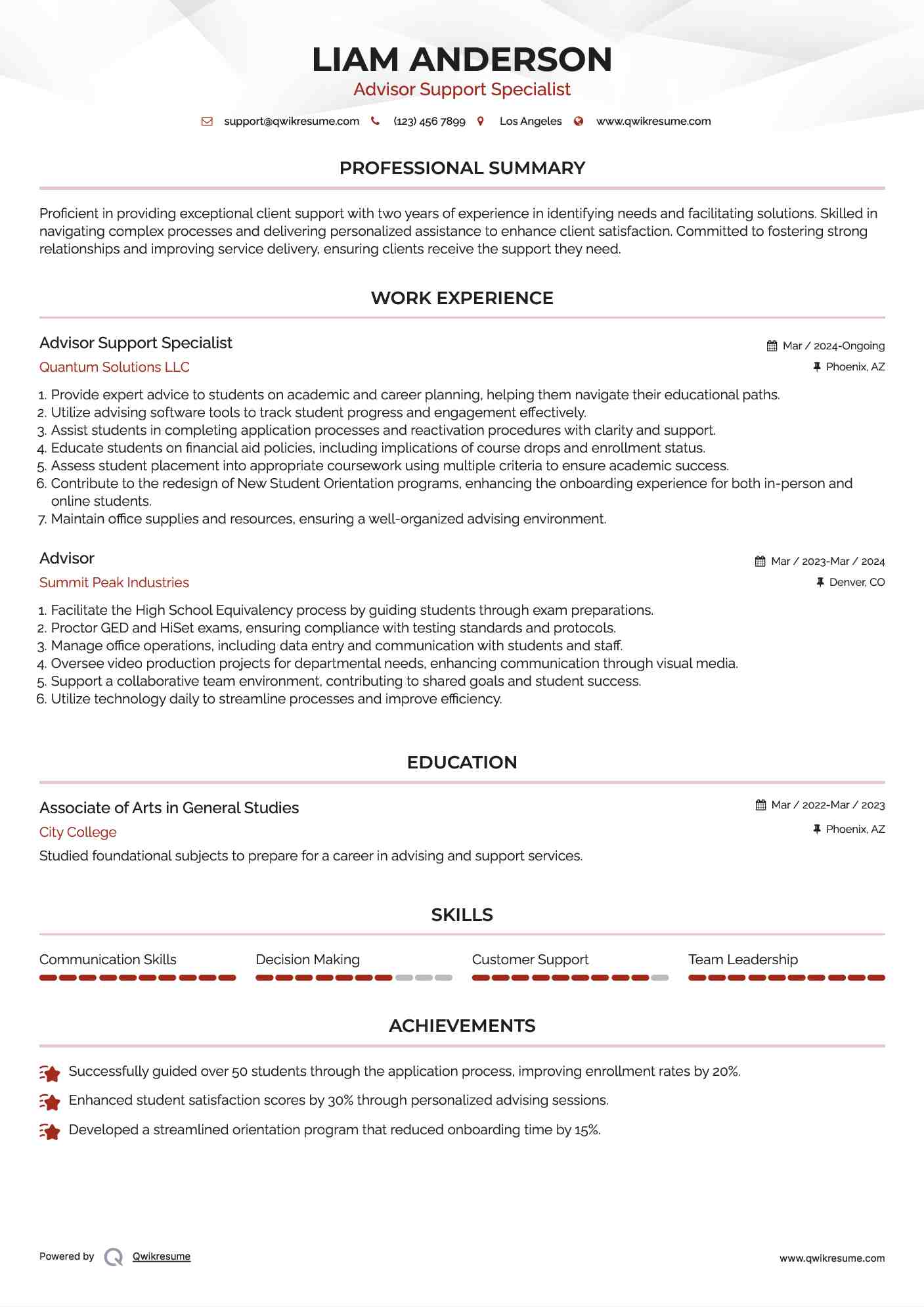 Advisor Support Specialist Resume Template