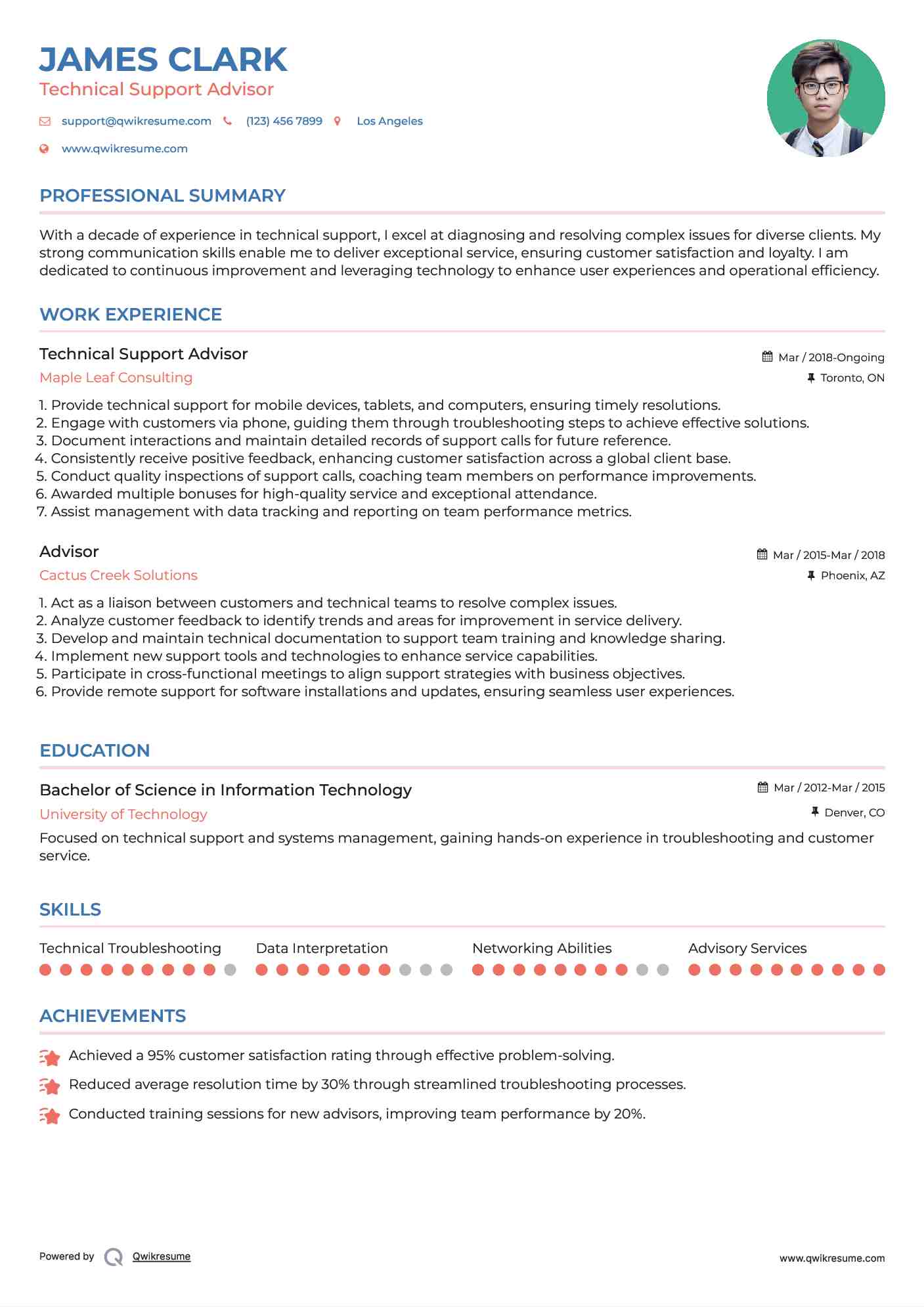 Technical Support Advisor Resume Model