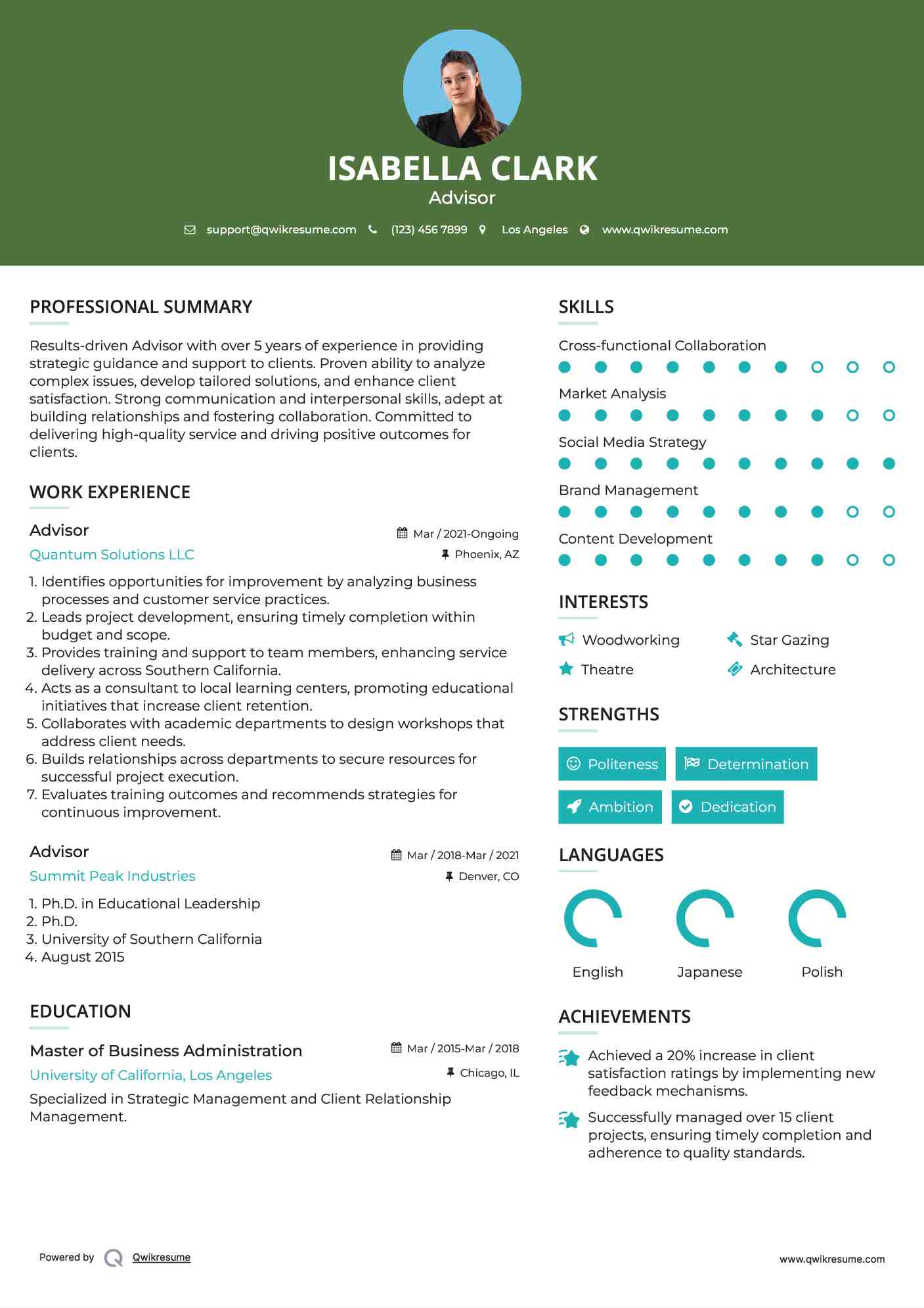 Advisor Resume Model
