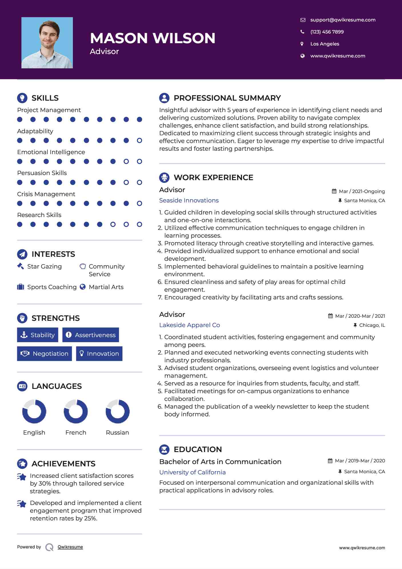 Advisor Resume Example