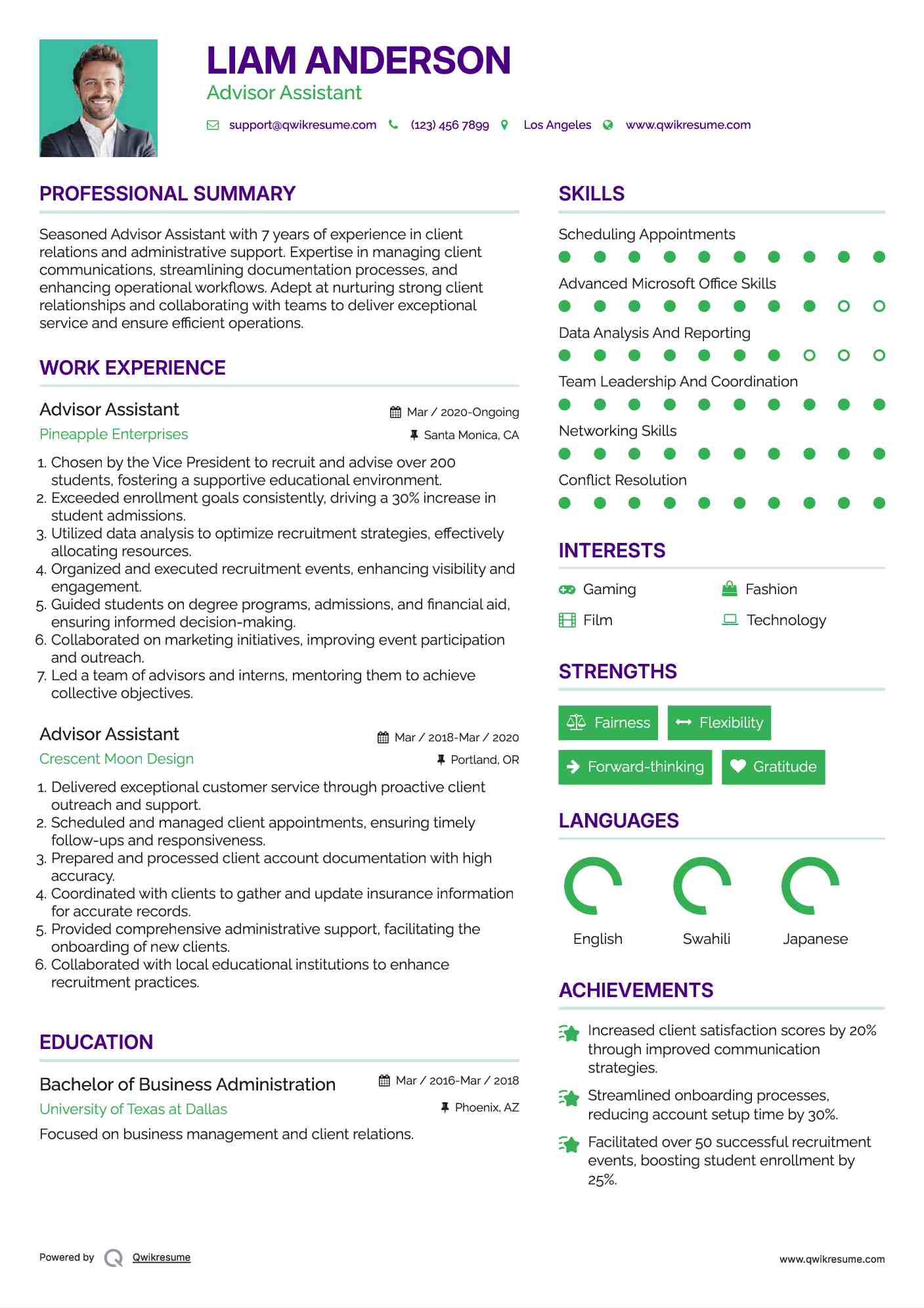 Advisor Assistant Resume Model