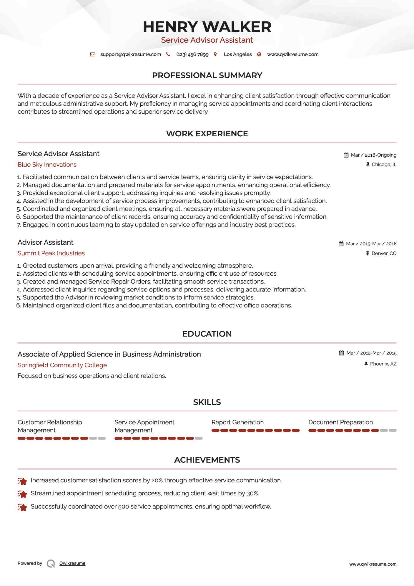 Service Advisor Assistant
 Resume Template