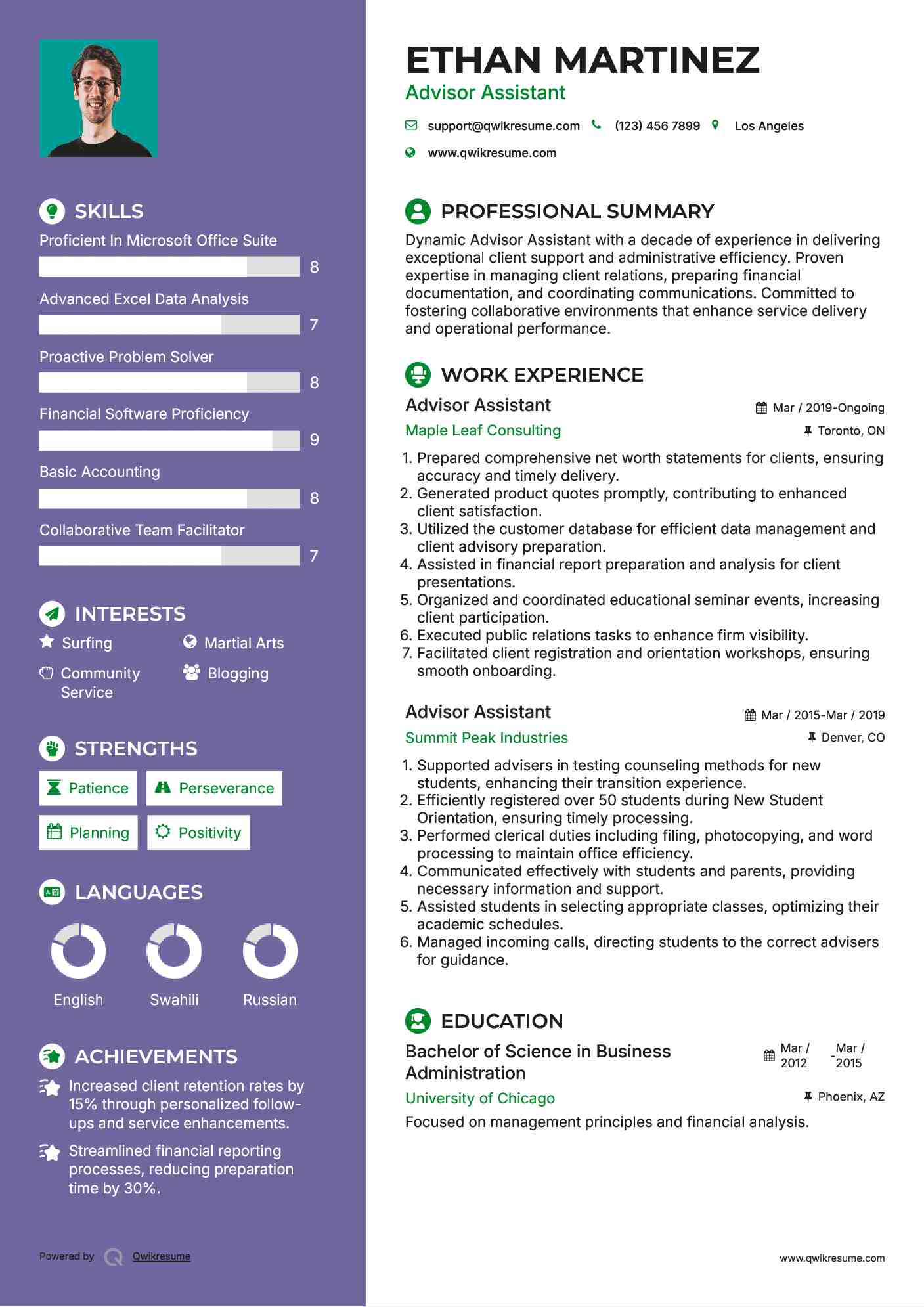 Advisor Assistant Resume Template