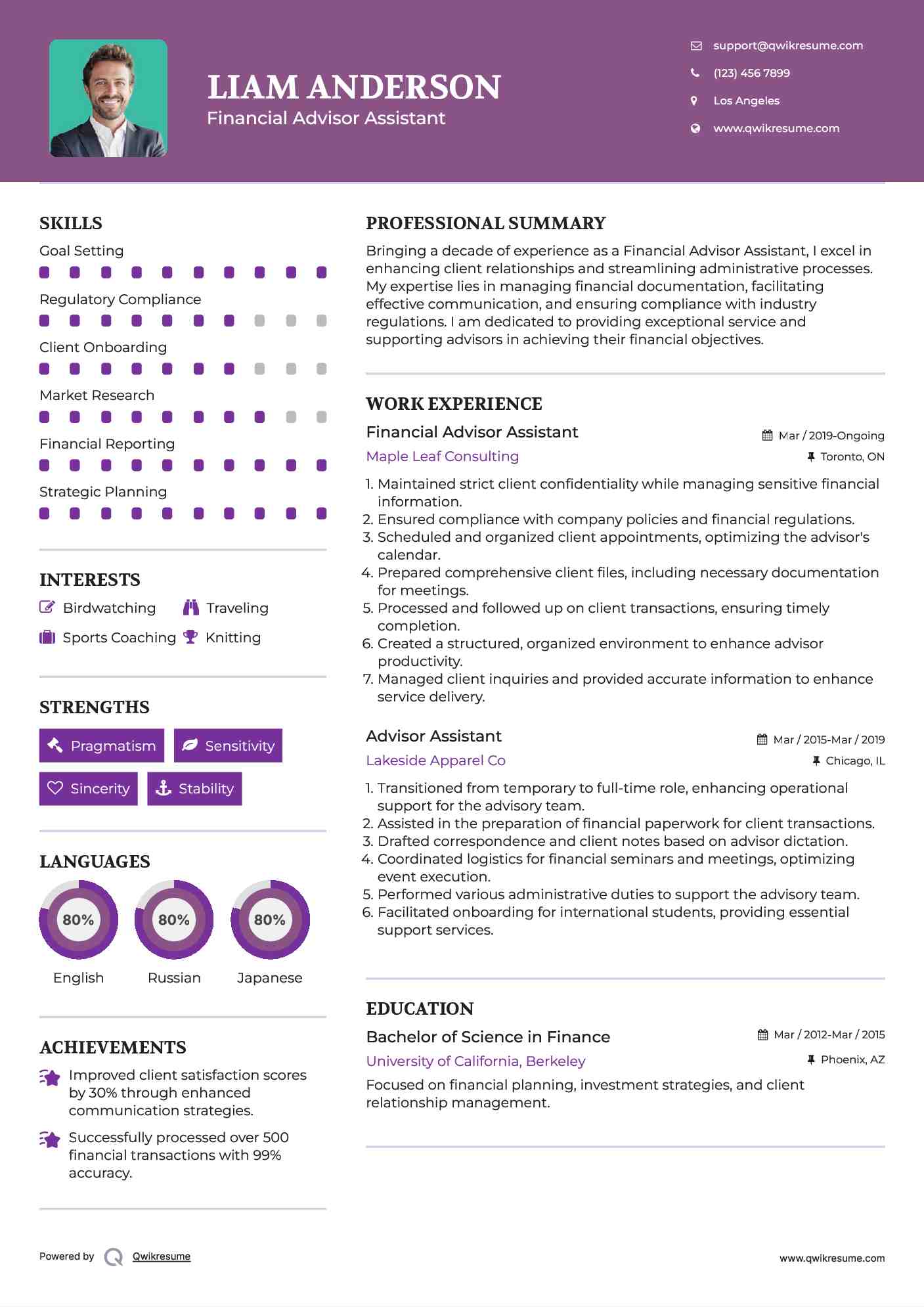 Financial Advisor Assistant
 Resume Format