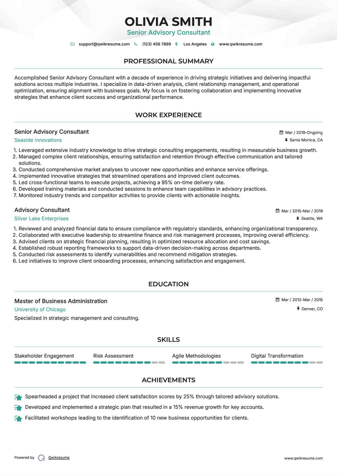 Senior  Advisory Consultant Resume Example