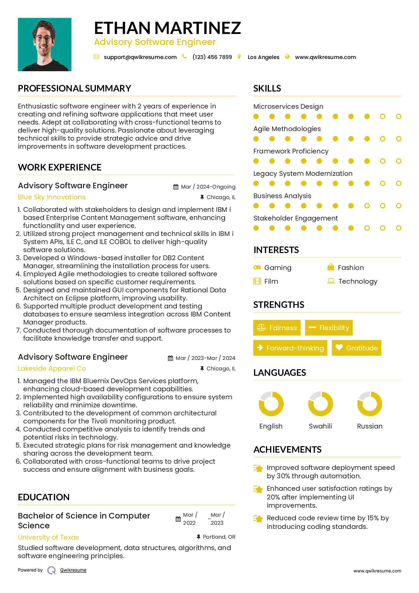 Advisory Software Engineer Resume Example