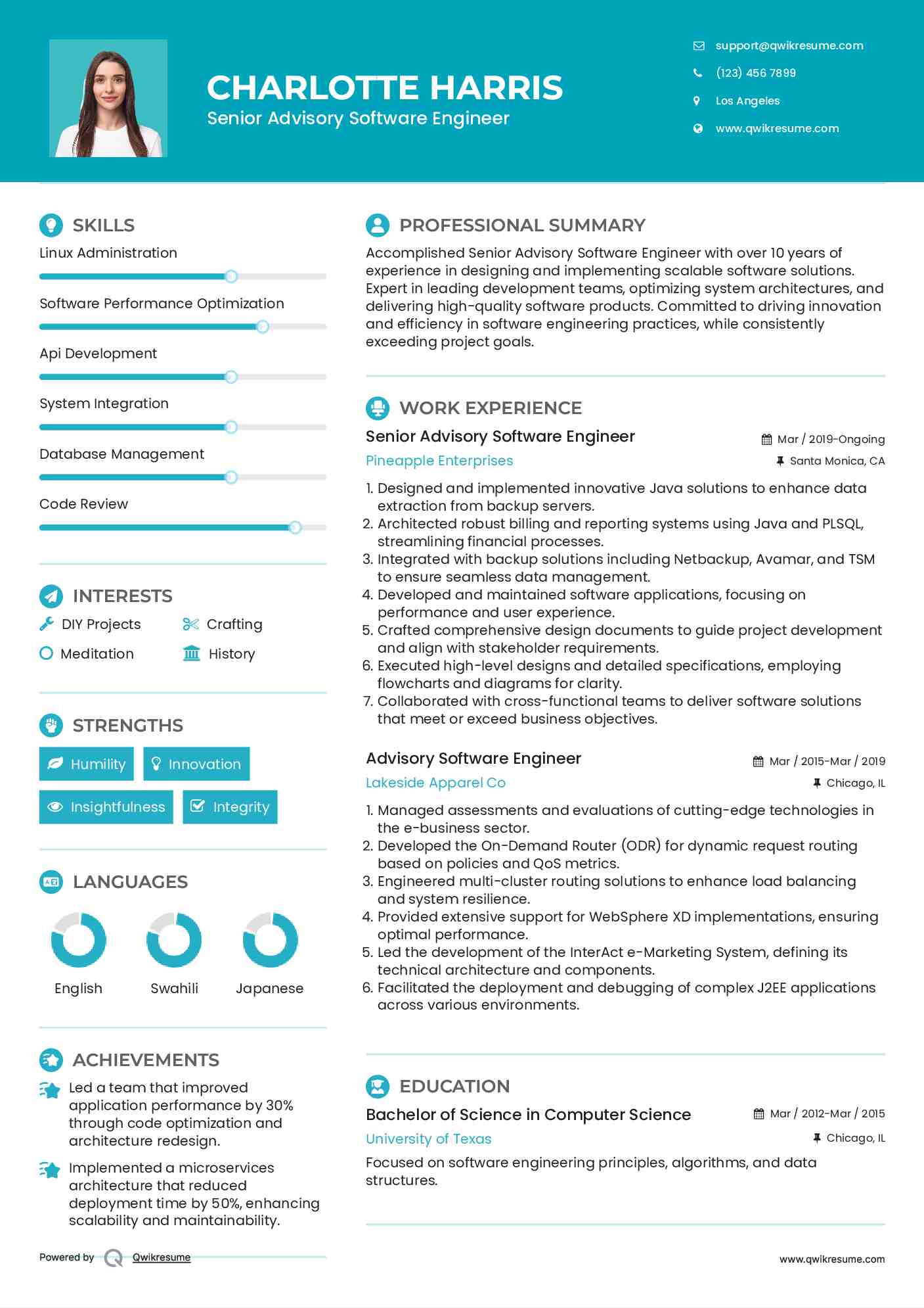 Senior Advisory Software Engineer Resume Sample