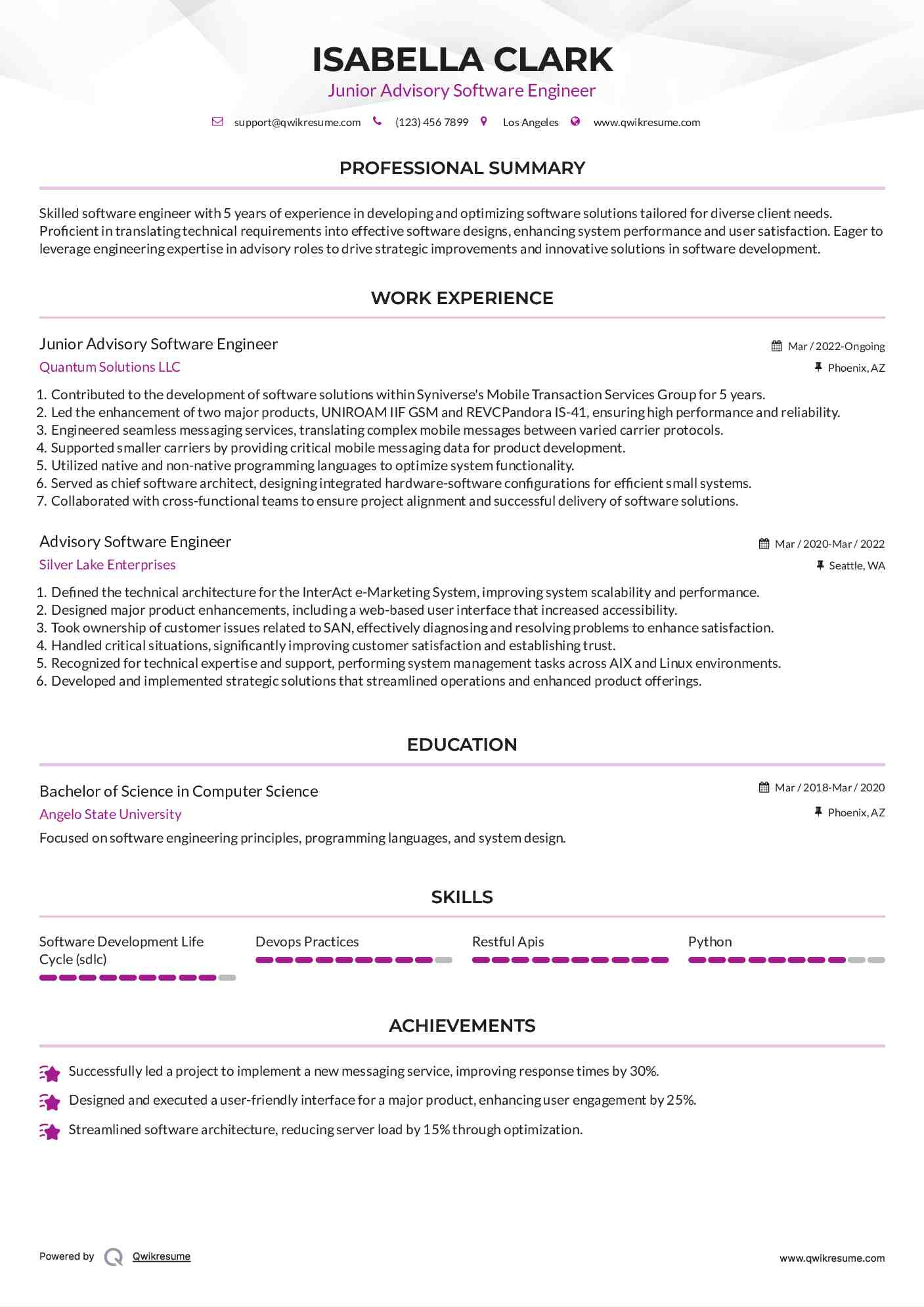 Junior Advisory Software Engineer Resume Format