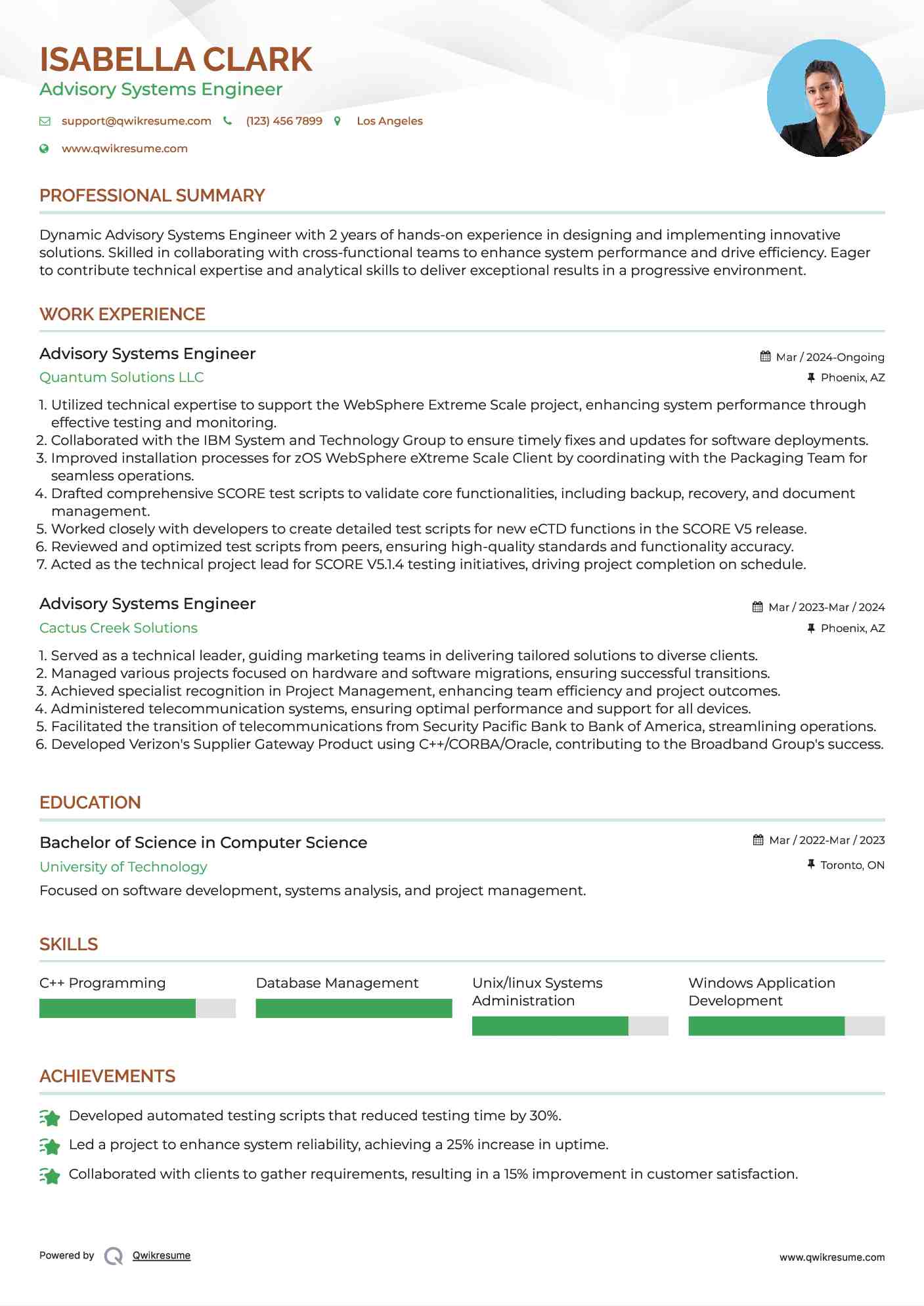 Advisory Systems Engineer Resume Sample