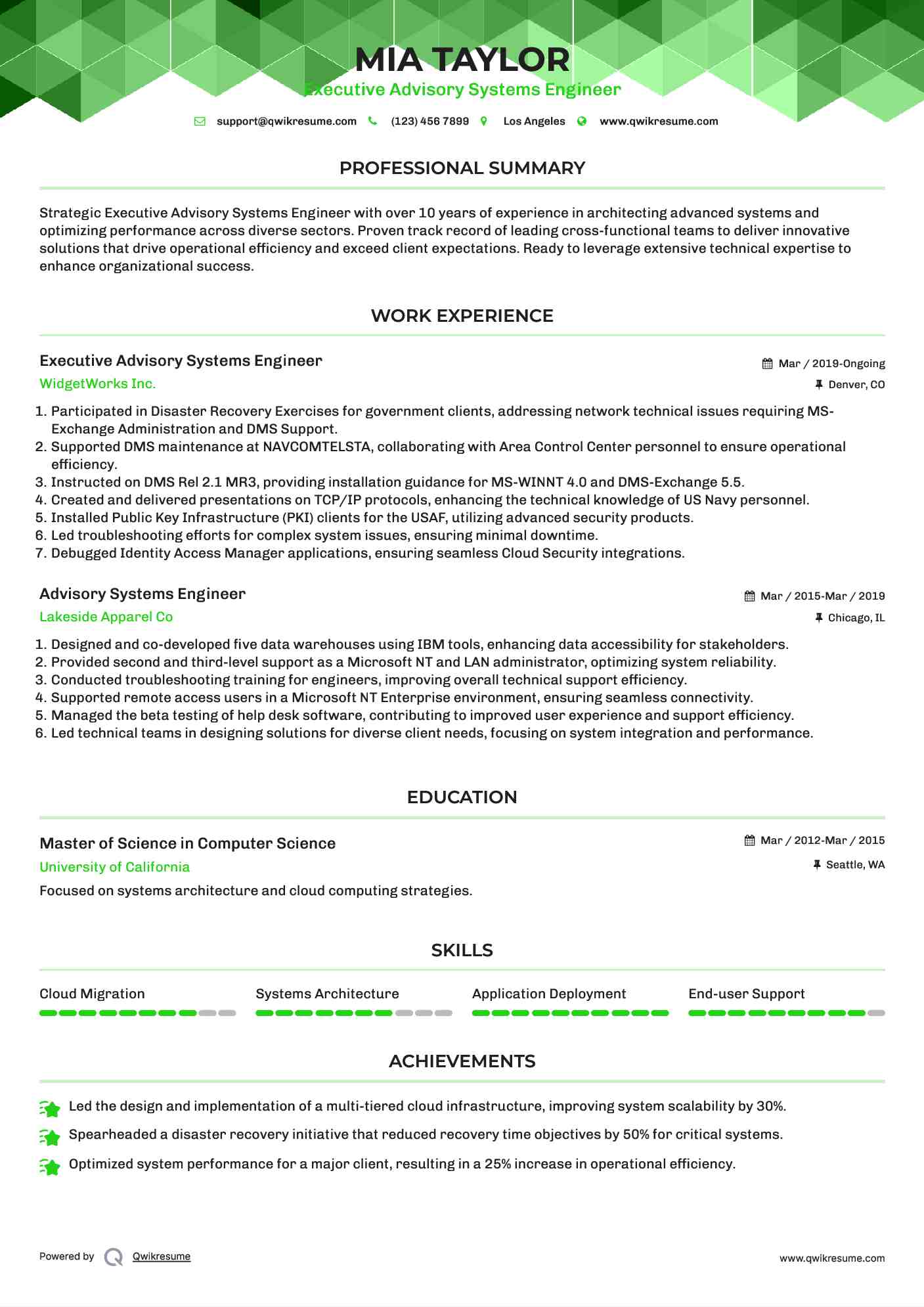 Executive Advisory Systems Engineer Resume Example
