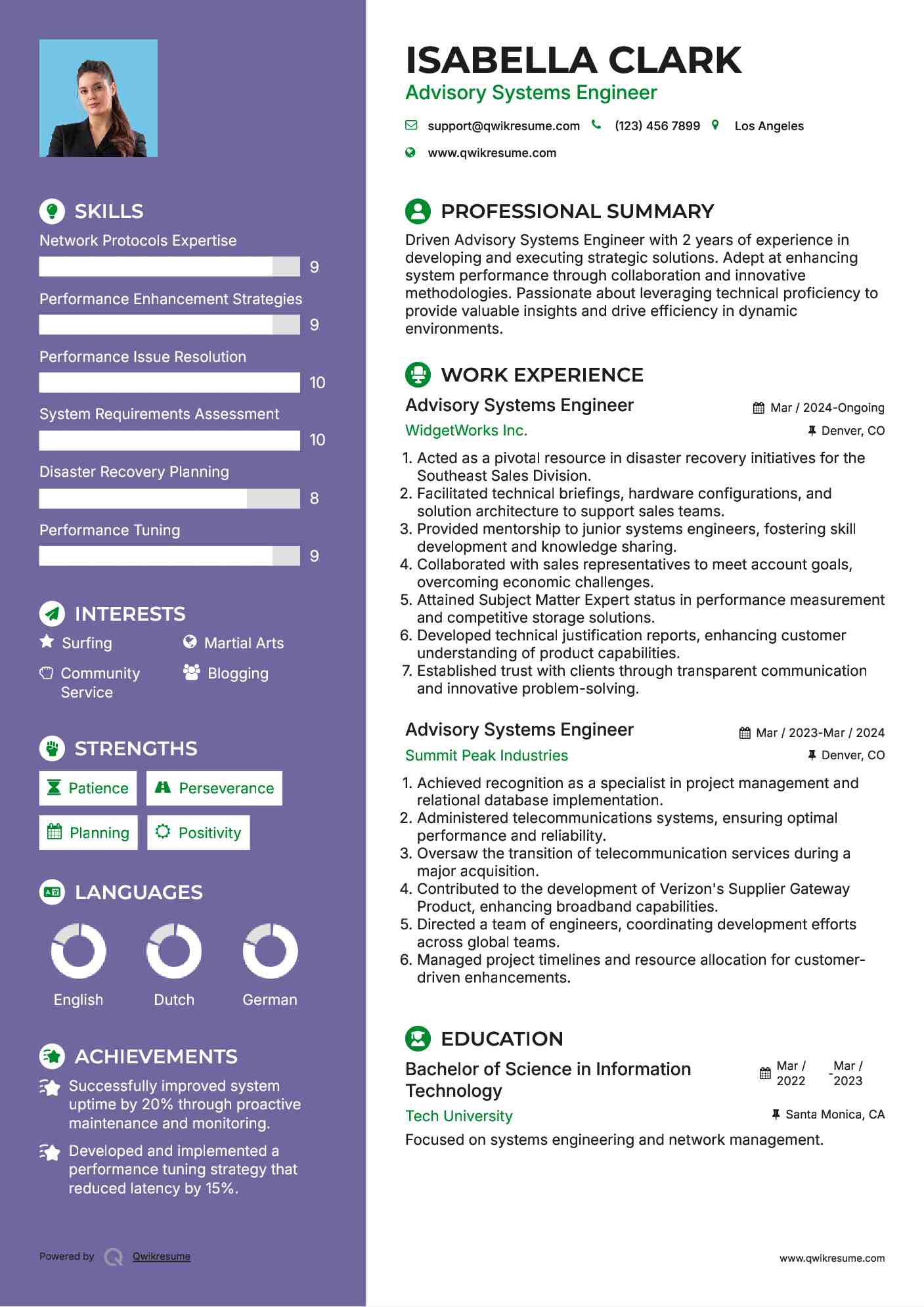 Advisory Systems Engineer Resume Sample