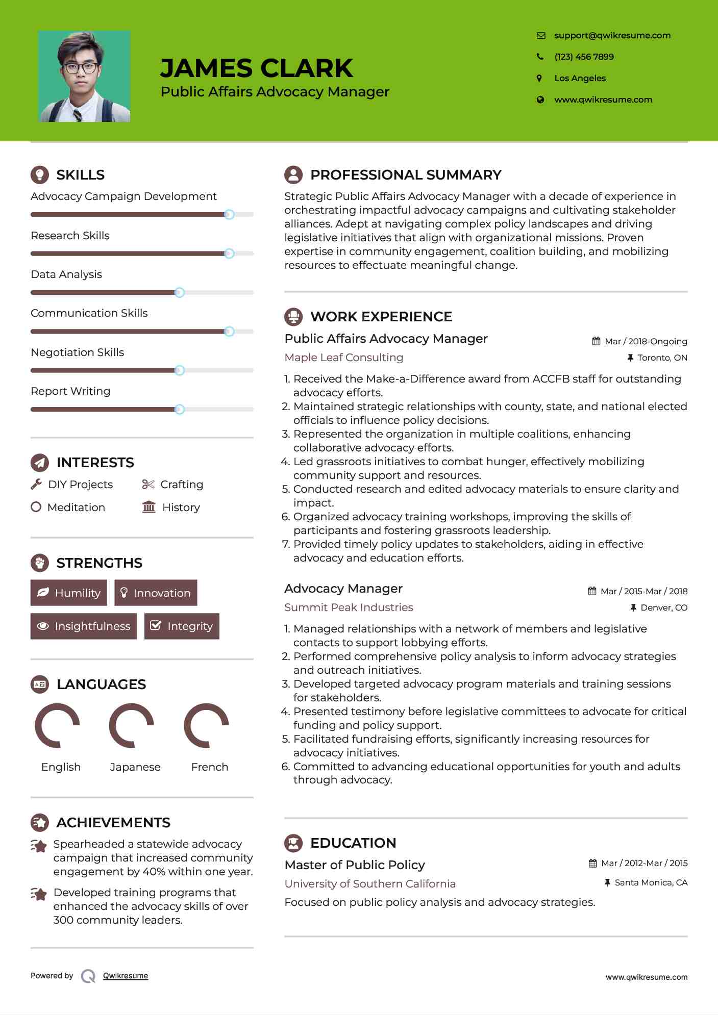 Public Affairs Advocacy Manager Resume Format