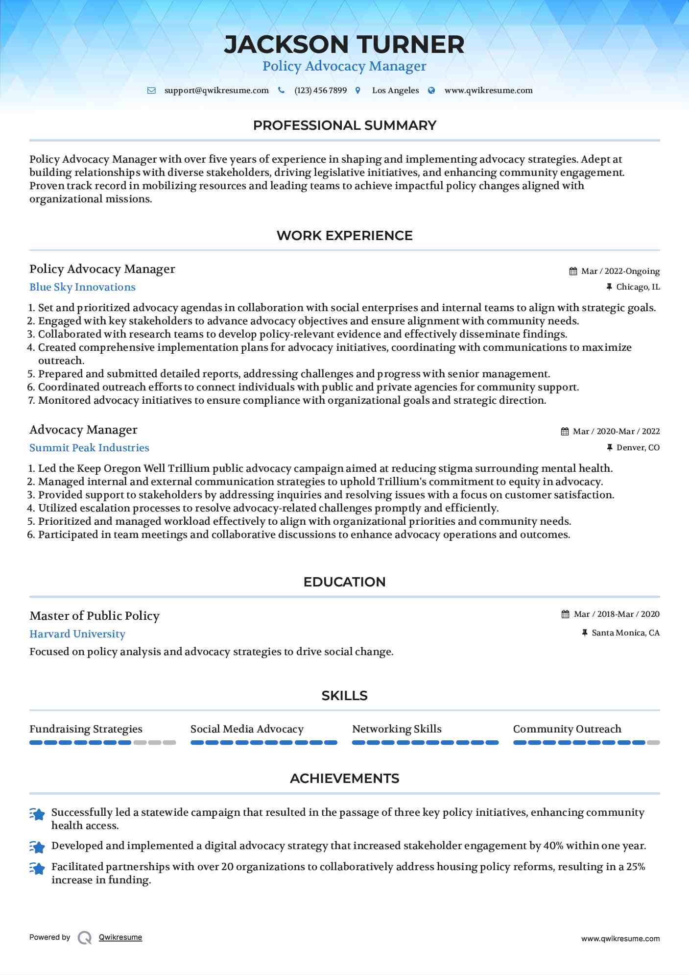Policy Advocacy Manager Resume Format