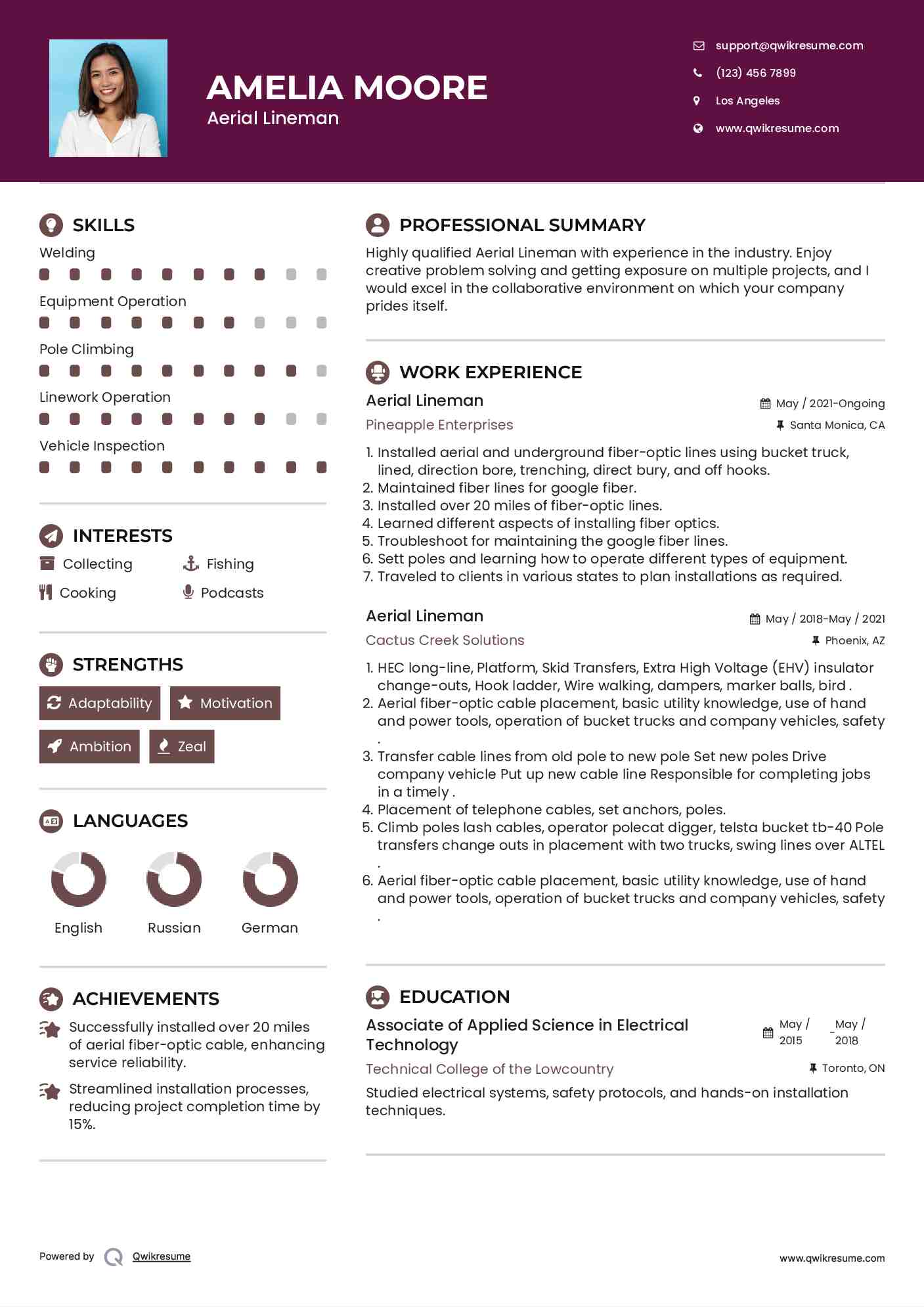 Aerial Lineman Resume Sample