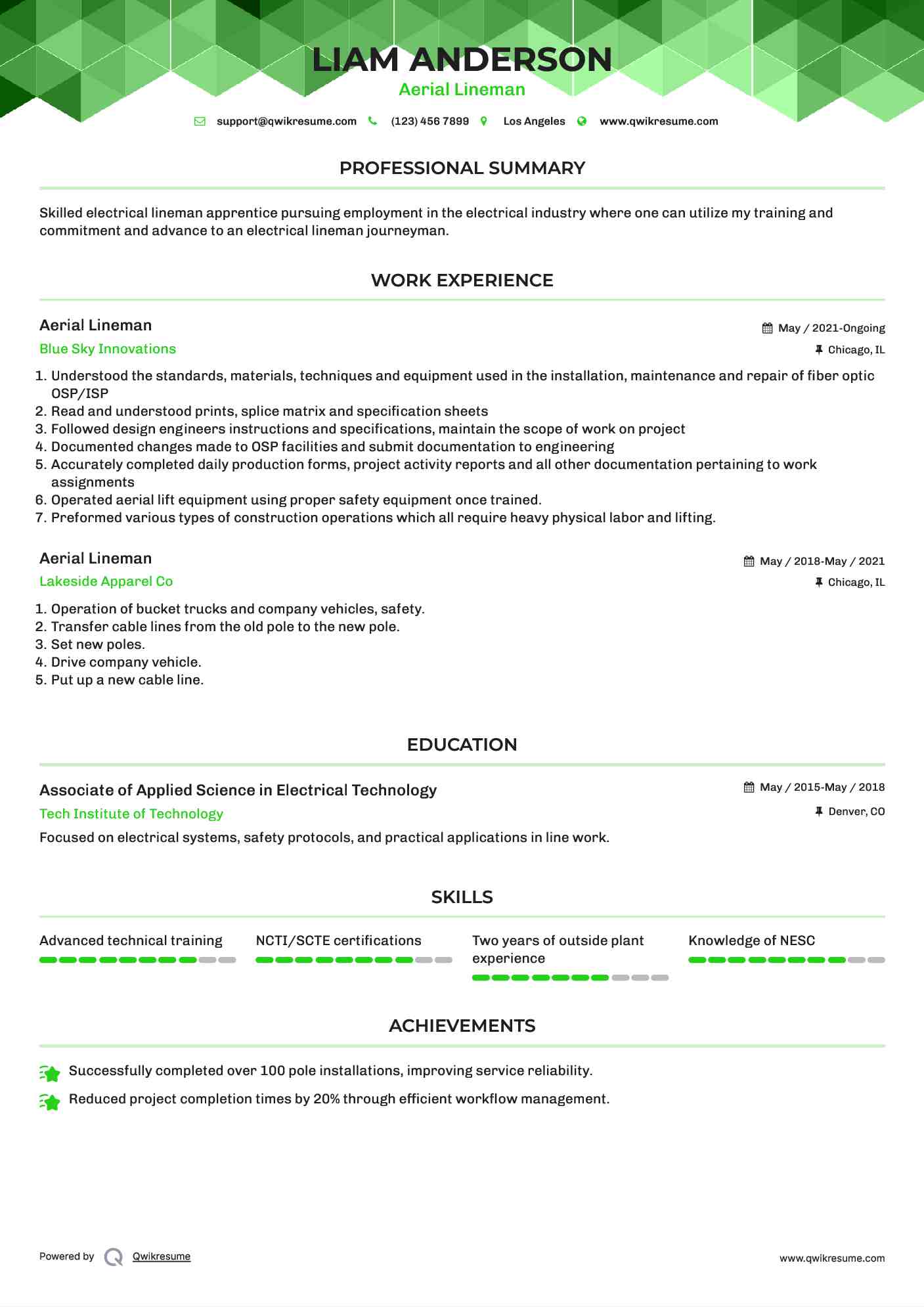 Aerial Lineman Resume Model
