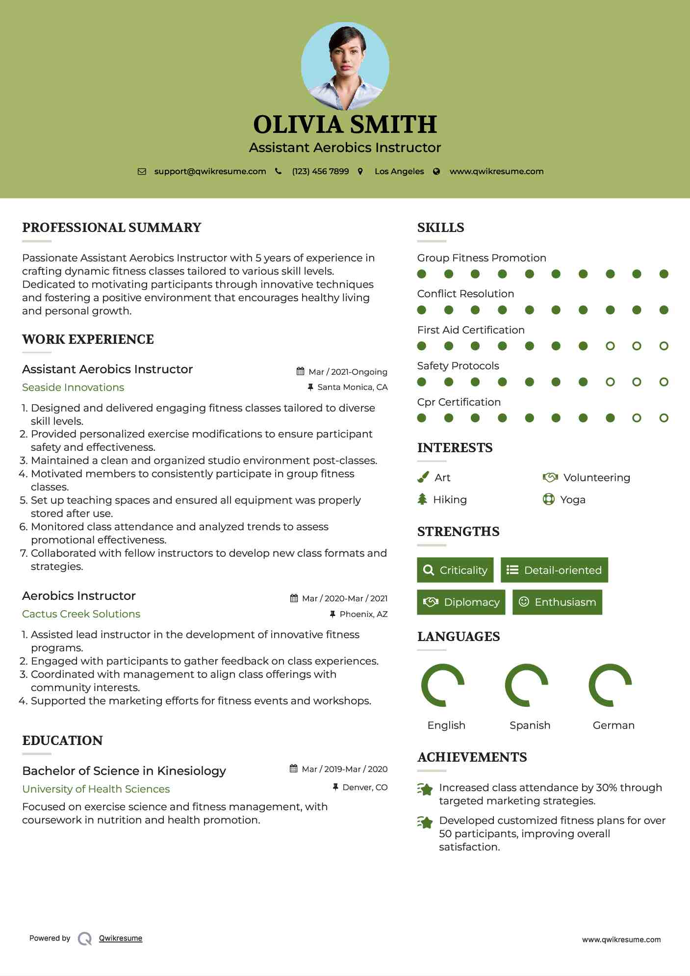 Assistant Aerobics Instructor Resume Template