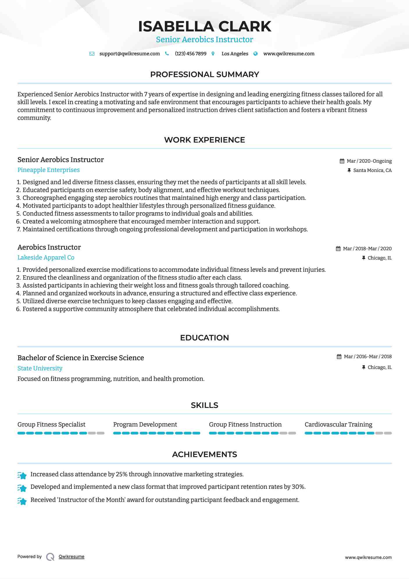 Senior Aerobics Instructor Resume Format