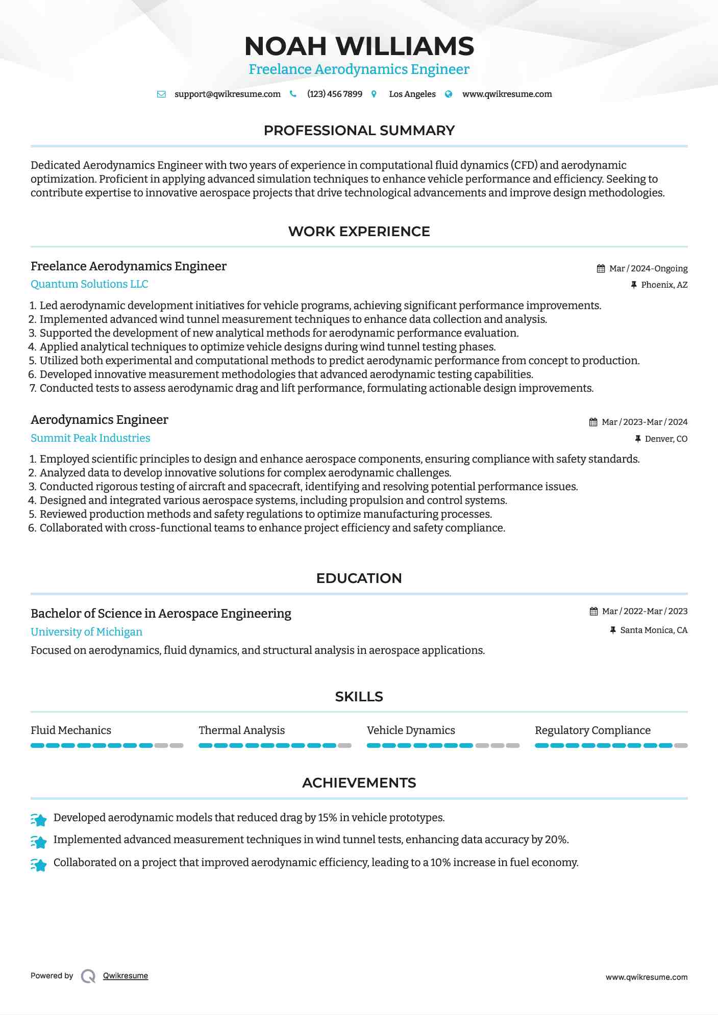 Freelance Aerodynamics Engineer Resume Model