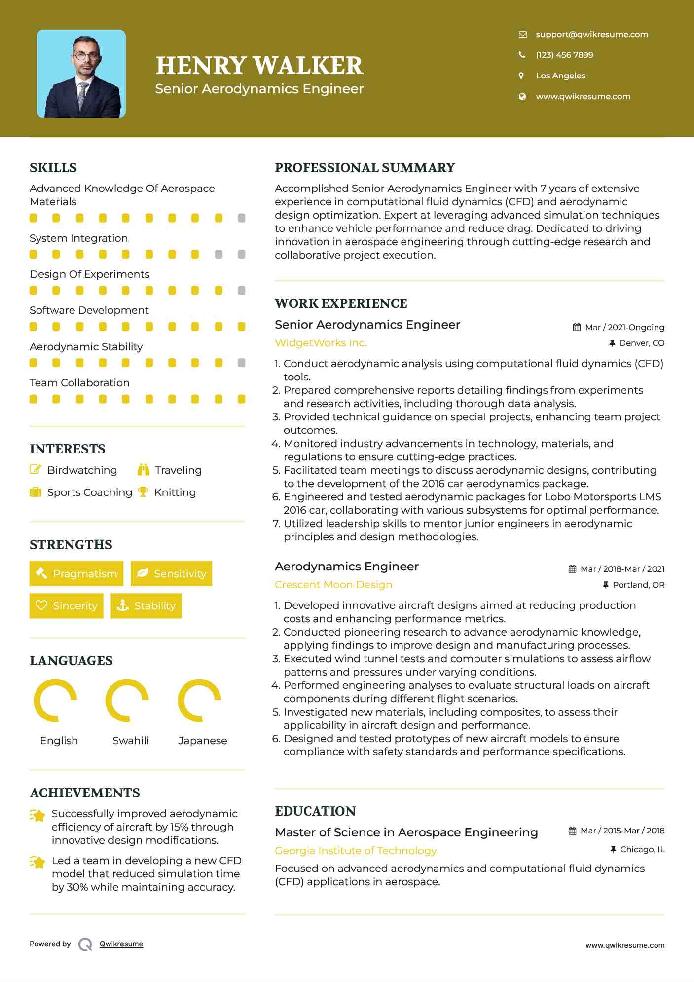 Senior Aerodynamics Engineer Resume Model