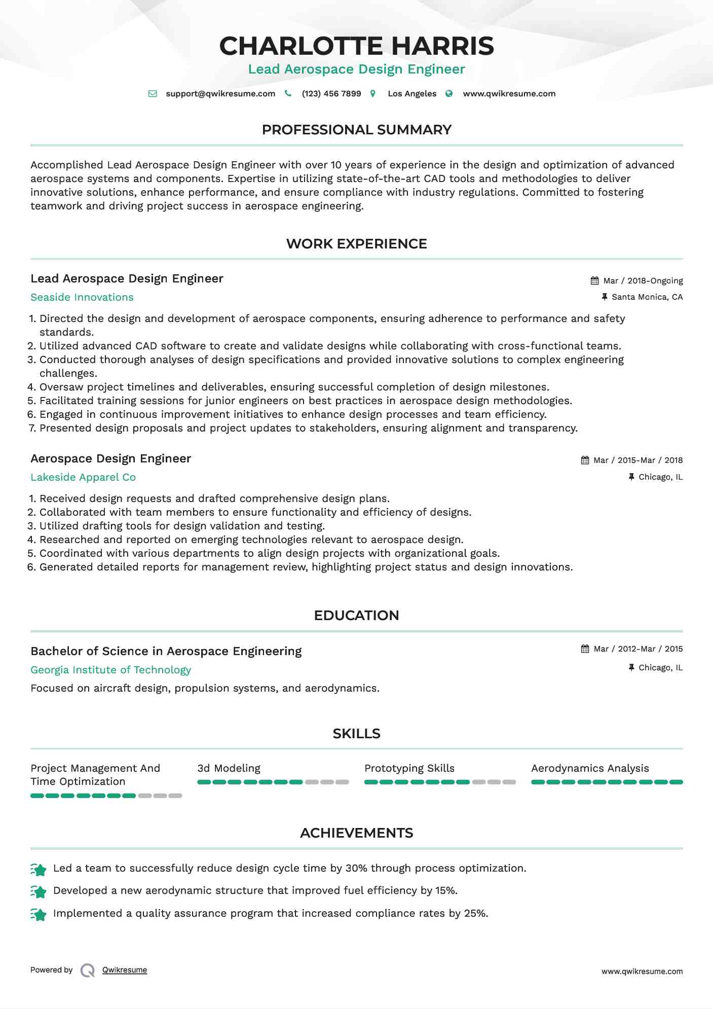 Lead Aerospace Design Engineer Resume Sample