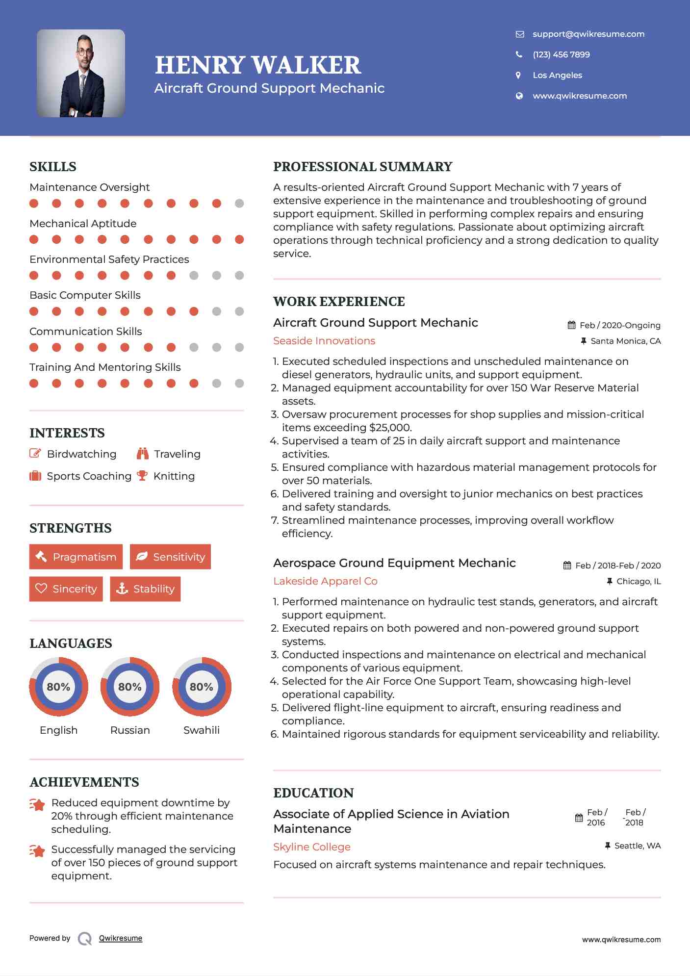 Aircraft Ground Support Mechanic Resume Example