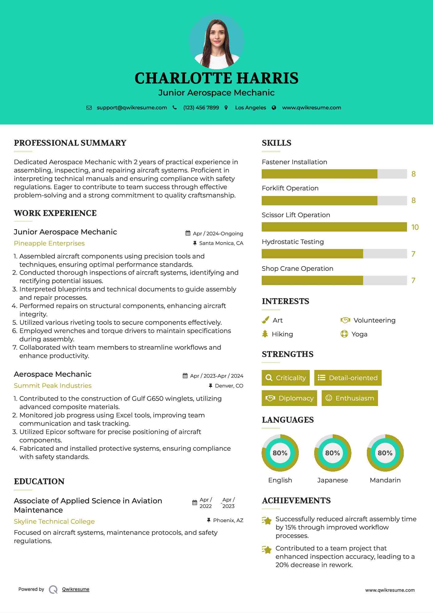 Junior Aerospace Mechanic Resume Template